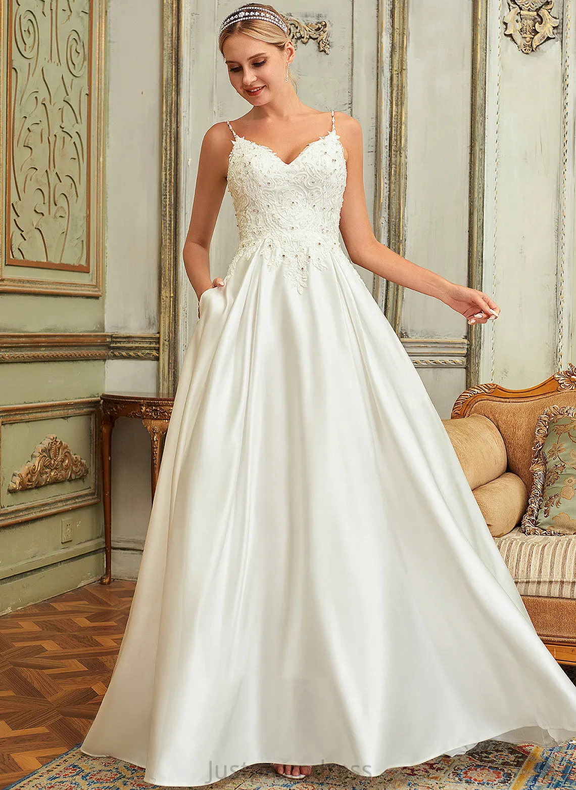 Dress Ball-Gown/Princess Sequins V-neck Pockets Sweep Train Satin Wedding Dresses Lace Jaidyn Wedding Lace With Beading