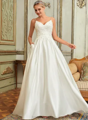 Dress Ball-Gown/Princess Sequins V-neck Pockets Sweep Train Satin Wedding Dresses Lace Jaidyn Wedding Lace With Beading