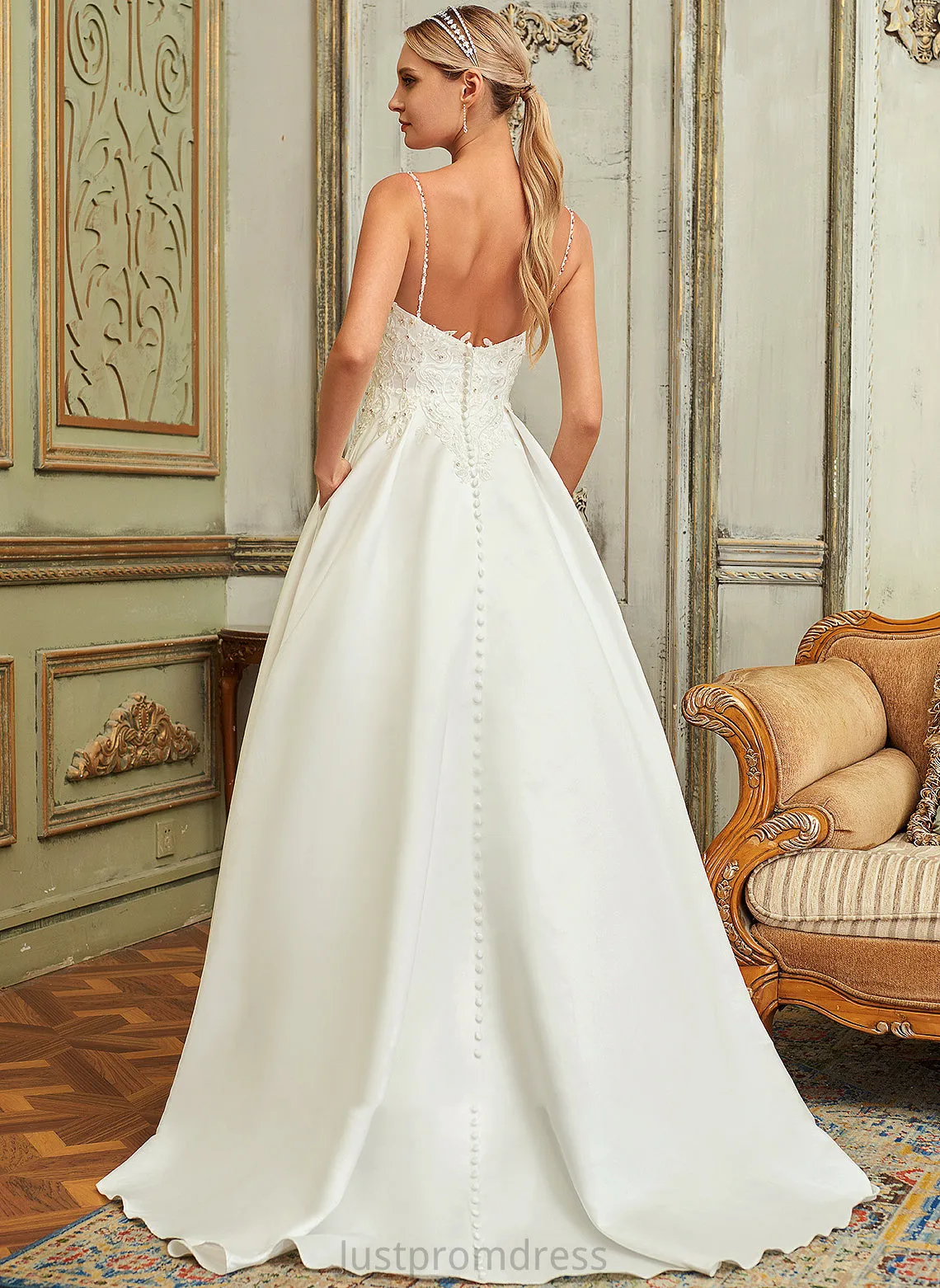 Dress Ball-Gown/Princess Sequins V-neck Pockets Sweep Train Satin Wedding Dresses Lace Jaidyn Wedding Lace With Beading