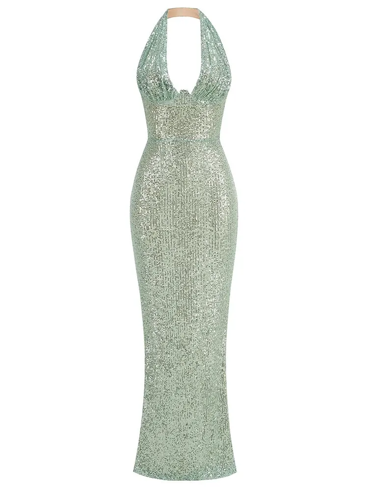 Elegant Halter sleeveless backless mermaid tail gown sequins Maxi Dress