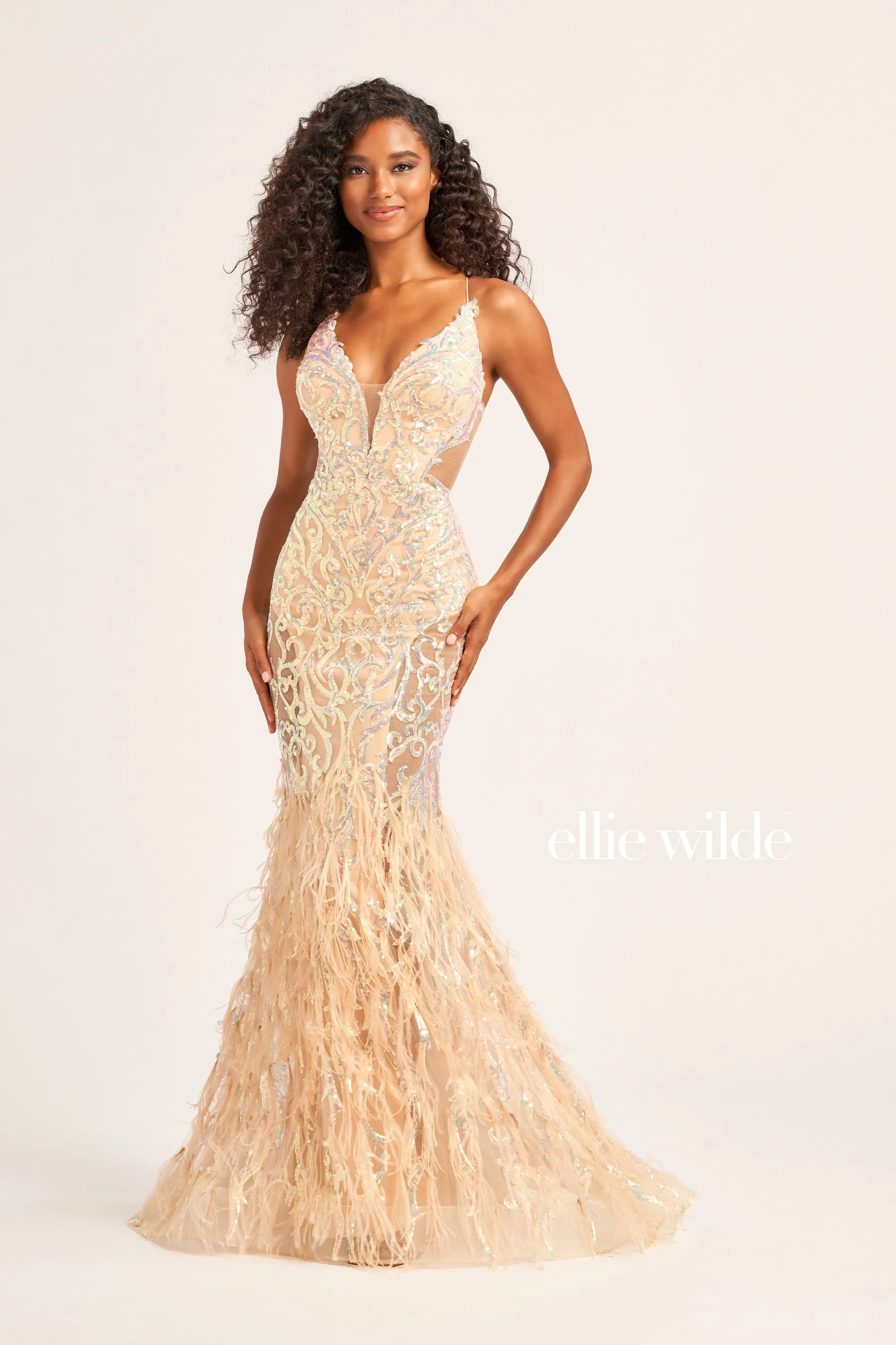 Ellie Wilde EW35006 Sheer Sequin Prom Dress Backless Gown Feather Skirt Formal Gown