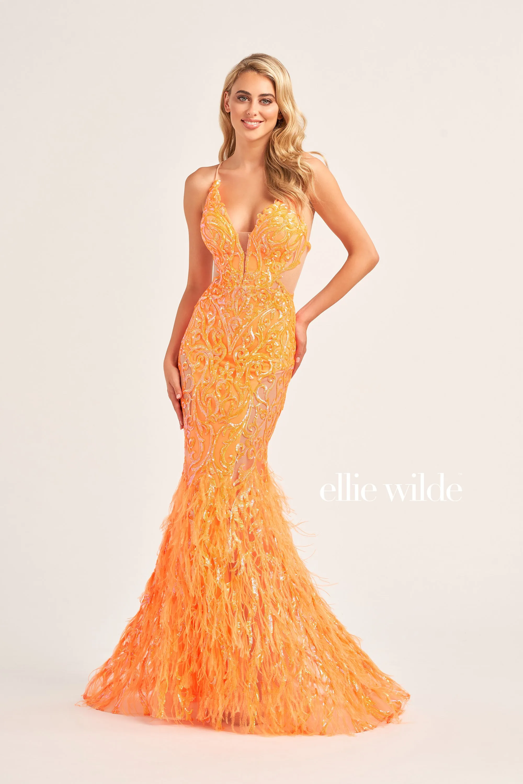 Ellie Wilde EW35006 Sheer Sequin Prom Dress Backless Gown Feather Skirt Formal Gown