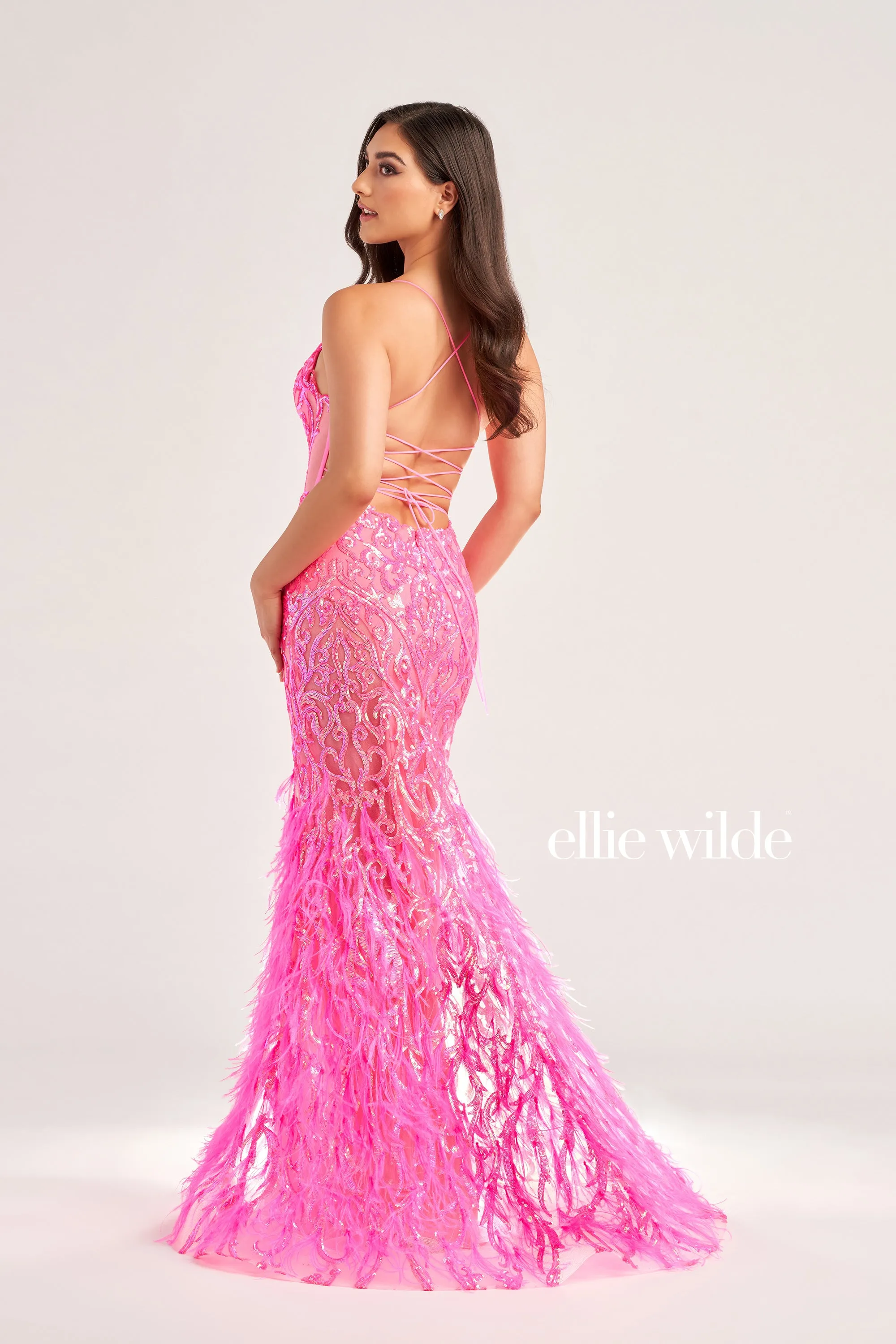 Ellie Wilde EW35006 Sheer Sequin Prom Dress Backless Gown Feather Skirt Formal Gown