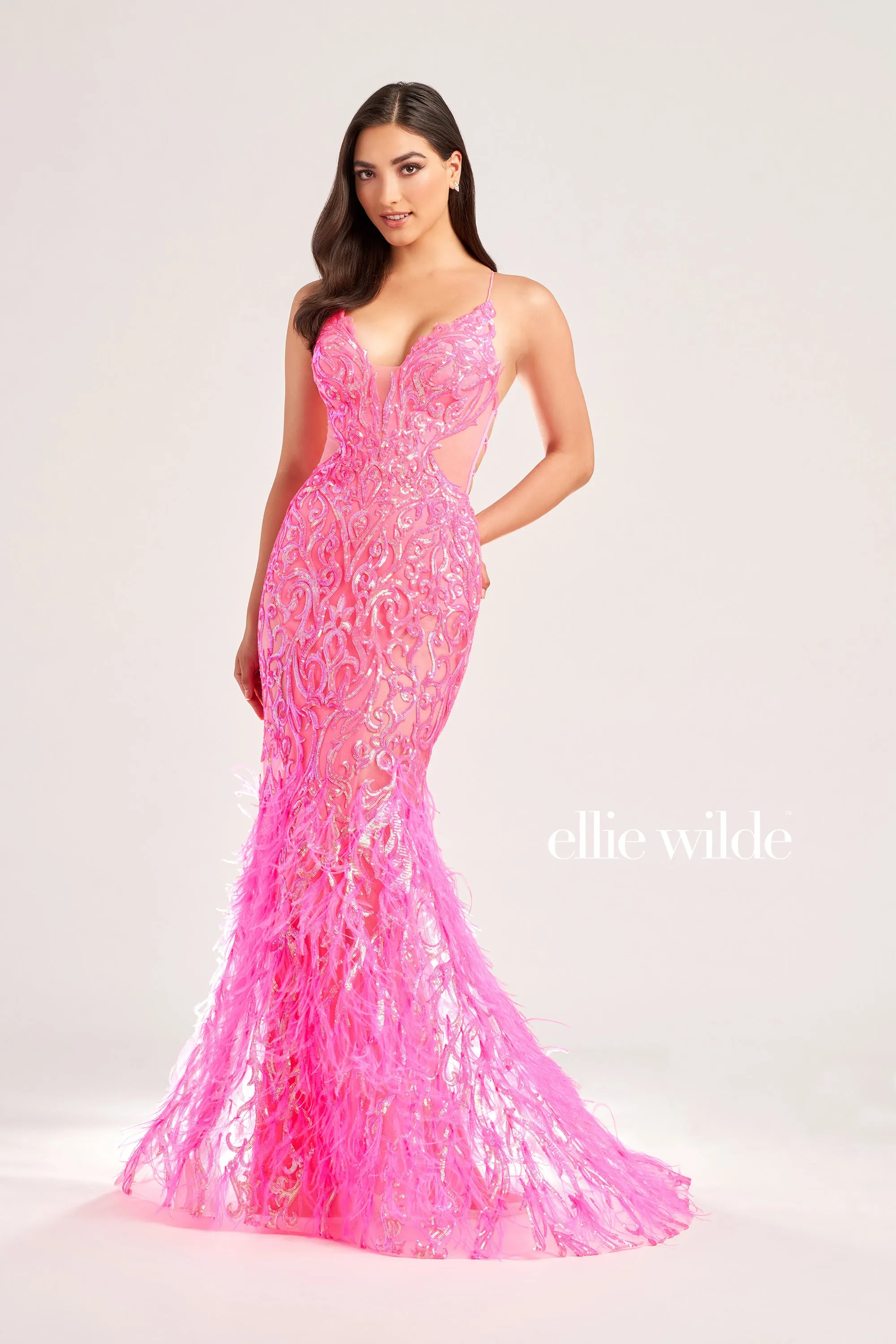 Ellie Wilde EW35006 Sheer Sequin Prom Dress Backless Gown Feather Skirt Formal Gown