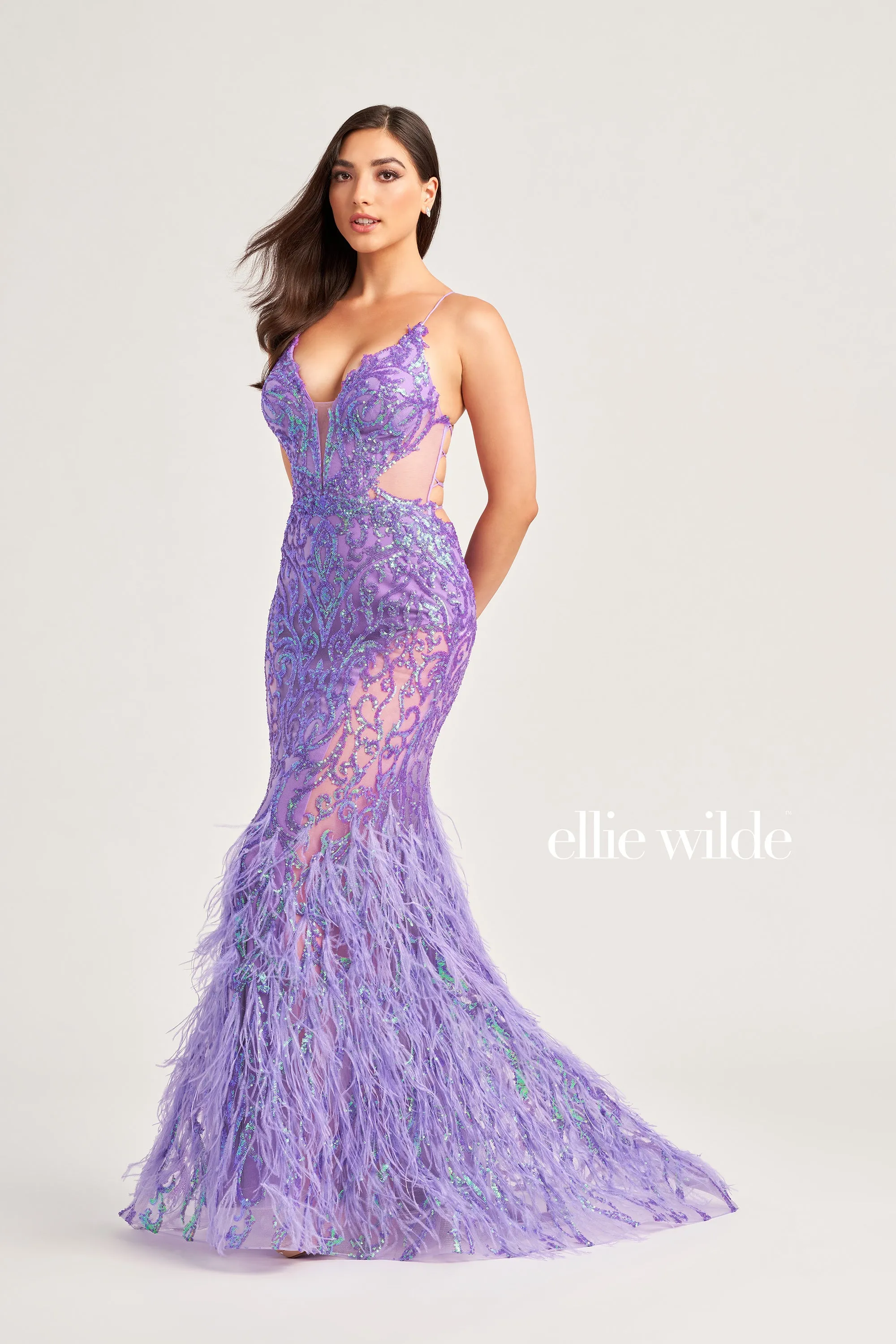 Ellie Wilde EW35006 Sheer Sequin Prom Dress Backless Gown Feather Skirt Formal Gown