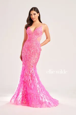 Ellie Wilde EW35006 Sheer Sequin Prom Dress Backless Gown Feather Skirt Formal Gown