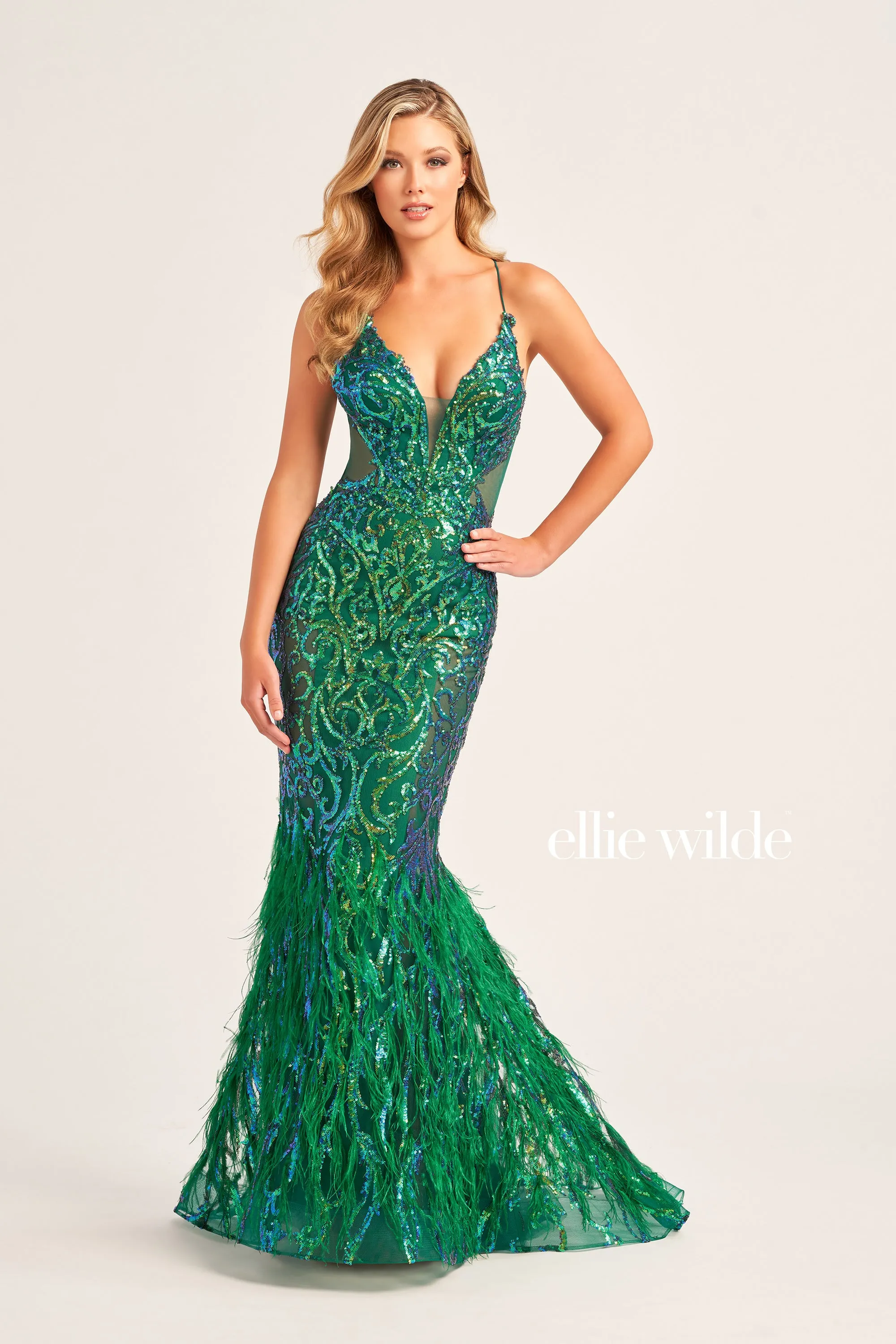 Ellie Wilde EW35006 Sheer Sequin Prom Dress Backless Gown Feather Skirt Formal Gown