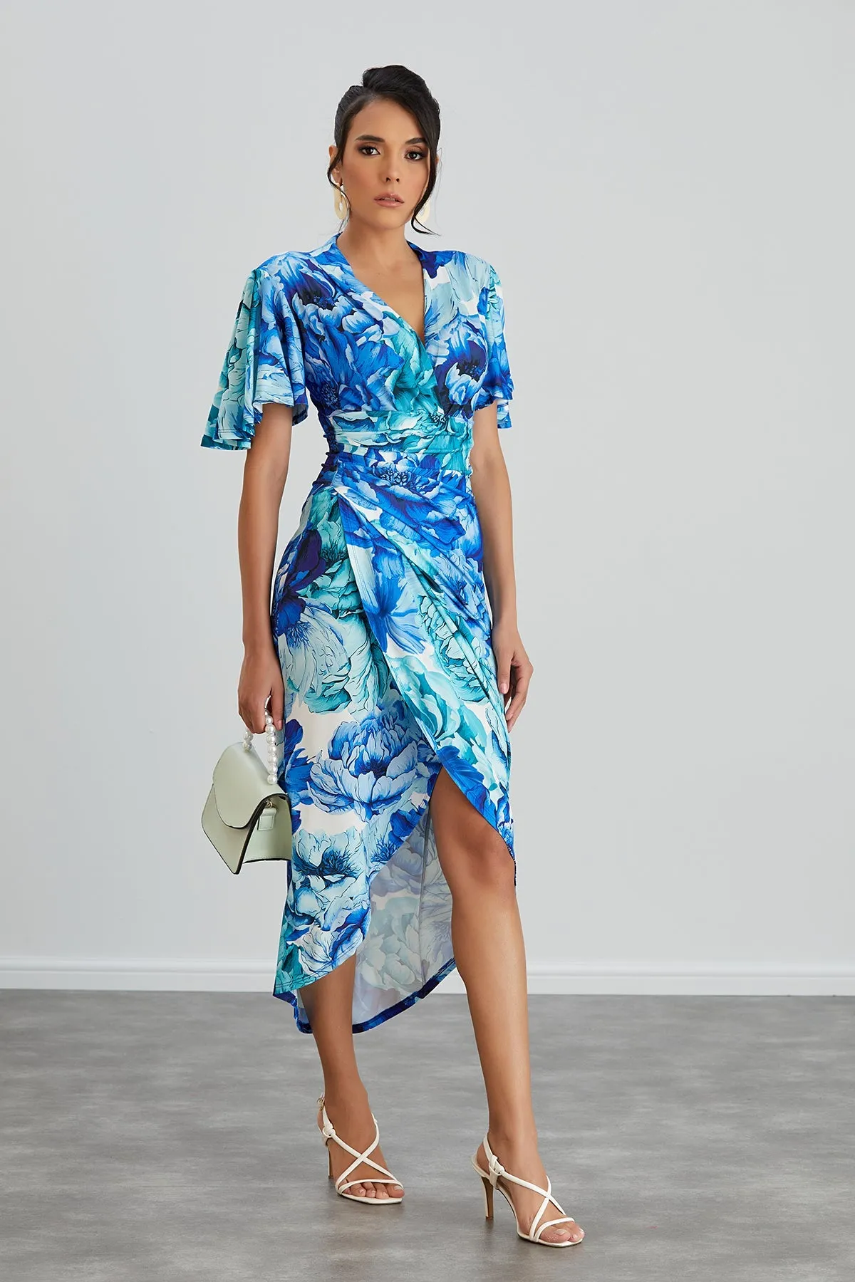 Ethereal Angel Sleeve Wrap Dress in Blue Floral Print