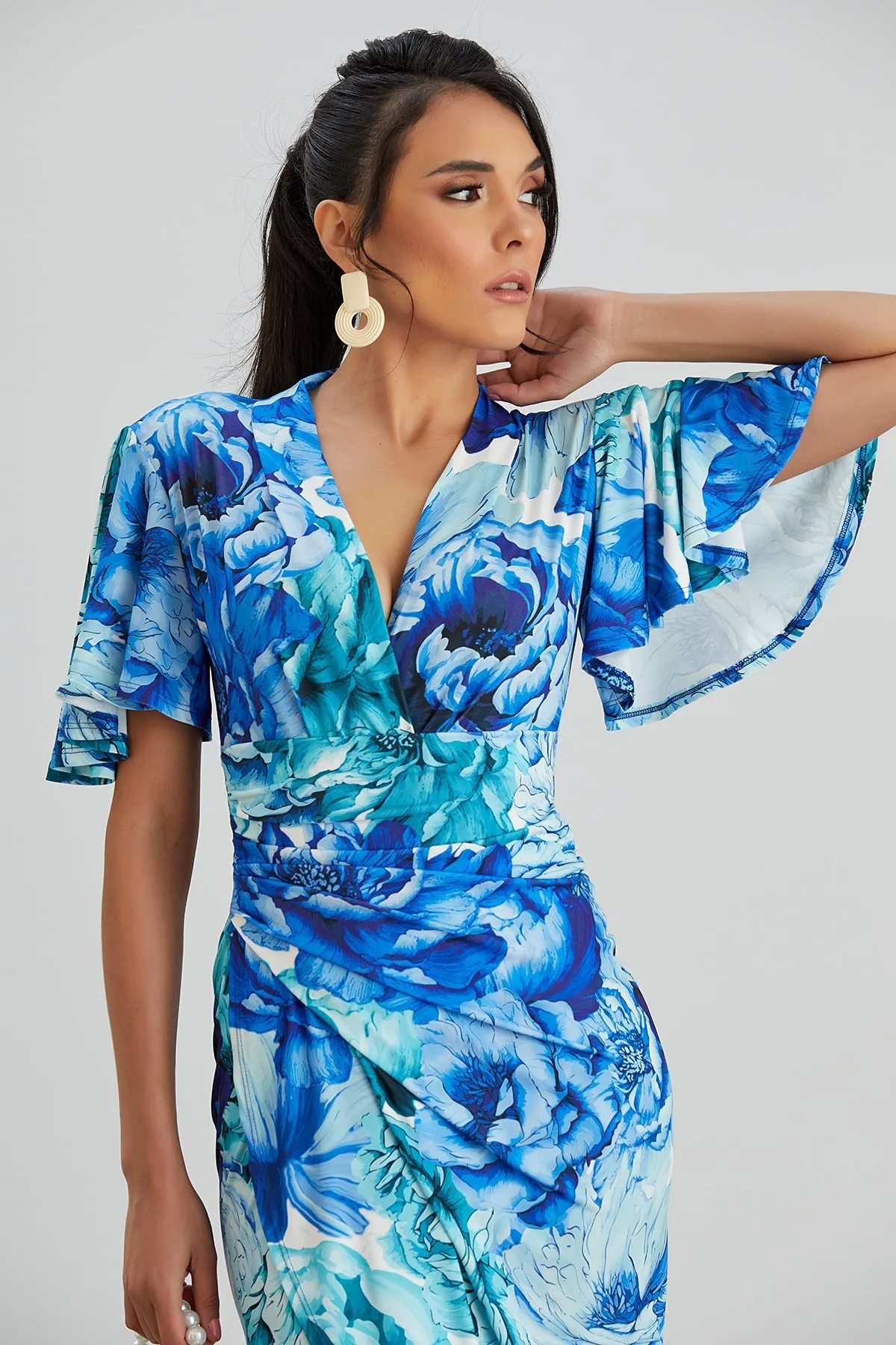 Ethereal Angel Sleeve Wrap Dress in Blue Floral Print