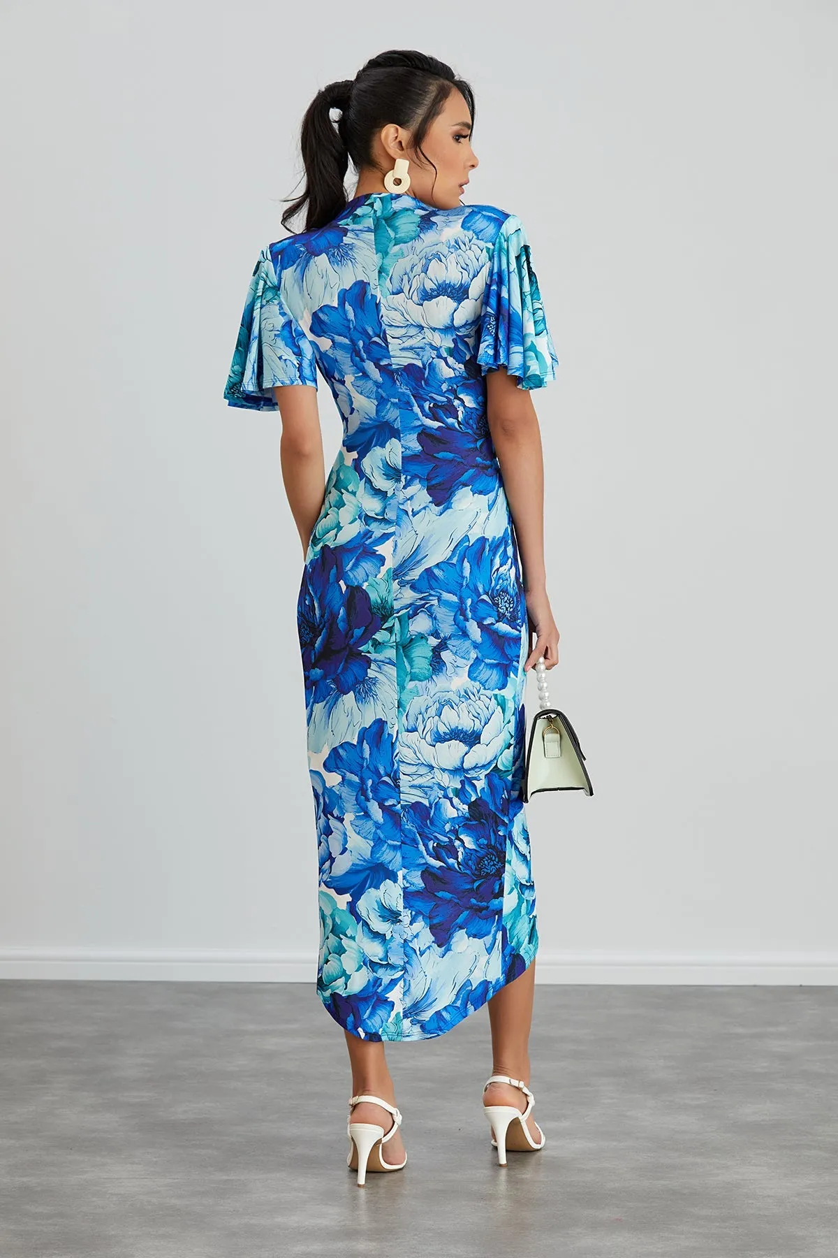 Ethereal Angel Sleeve Wrap Dress in Blue Floral Print