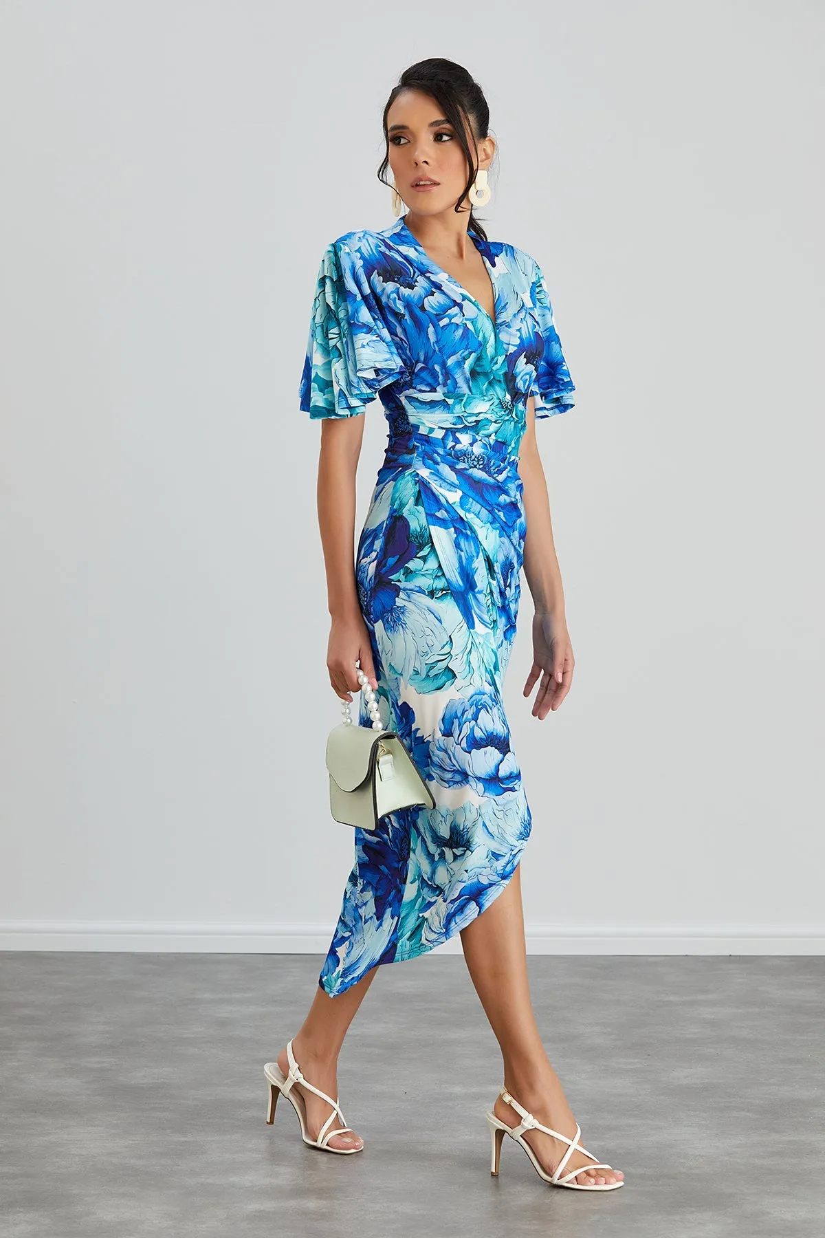 Ethereal Angel Sleeve Wrap Dress in Blue Floral Print