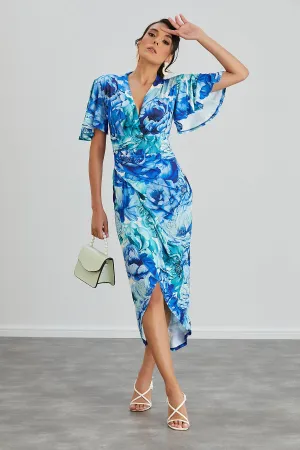 Ethereal Angel Sleeve Wrap Dress in Blue Floral Print
