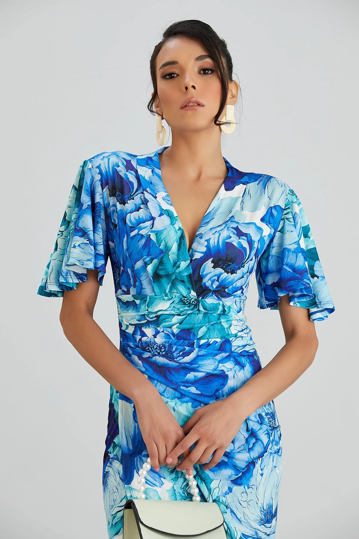 Ethereal Angel Sleeve Wrap Dress in Blue Floral Print