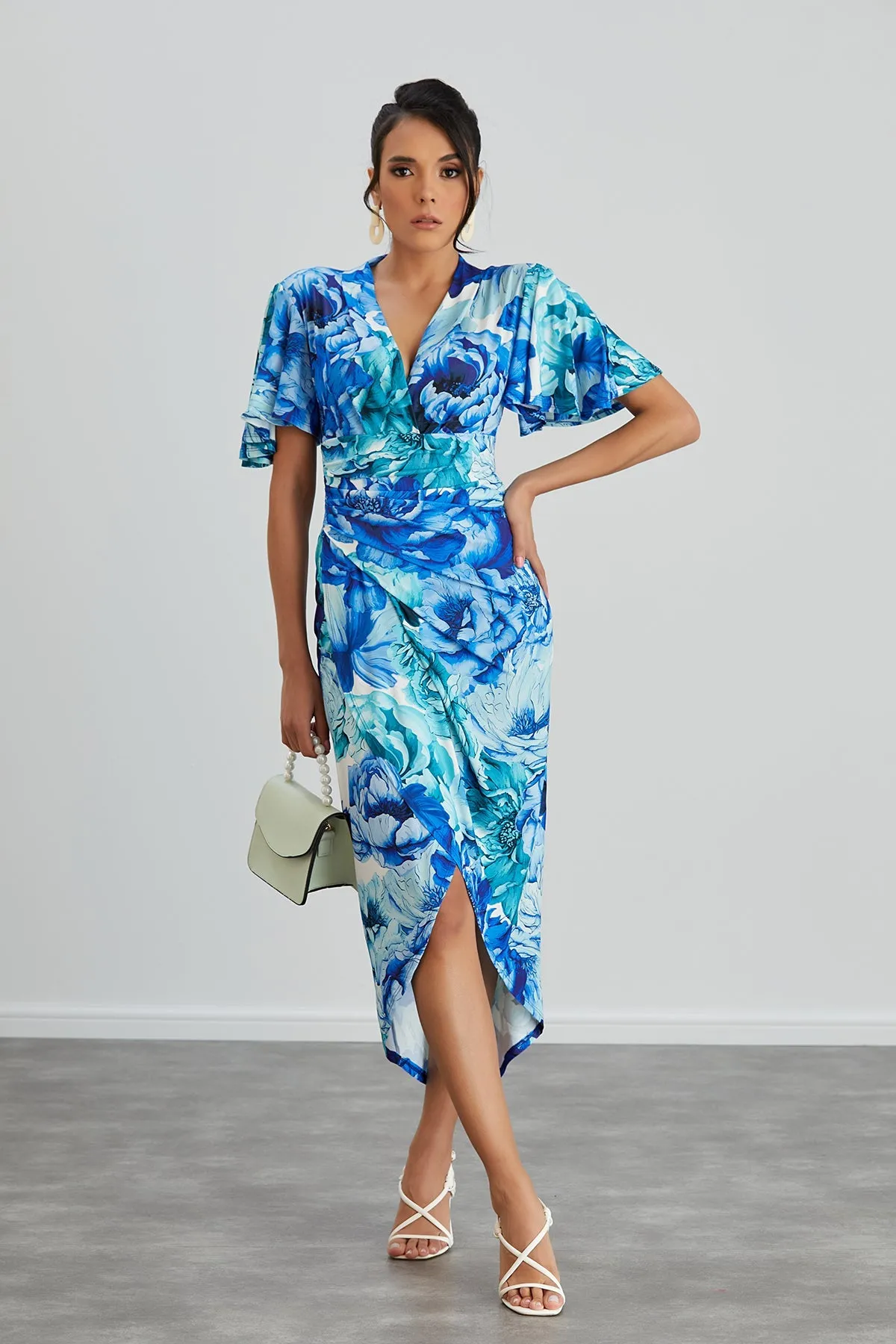 Ethereal Angel Sleeve Wrap Dress in Blue Floral Print