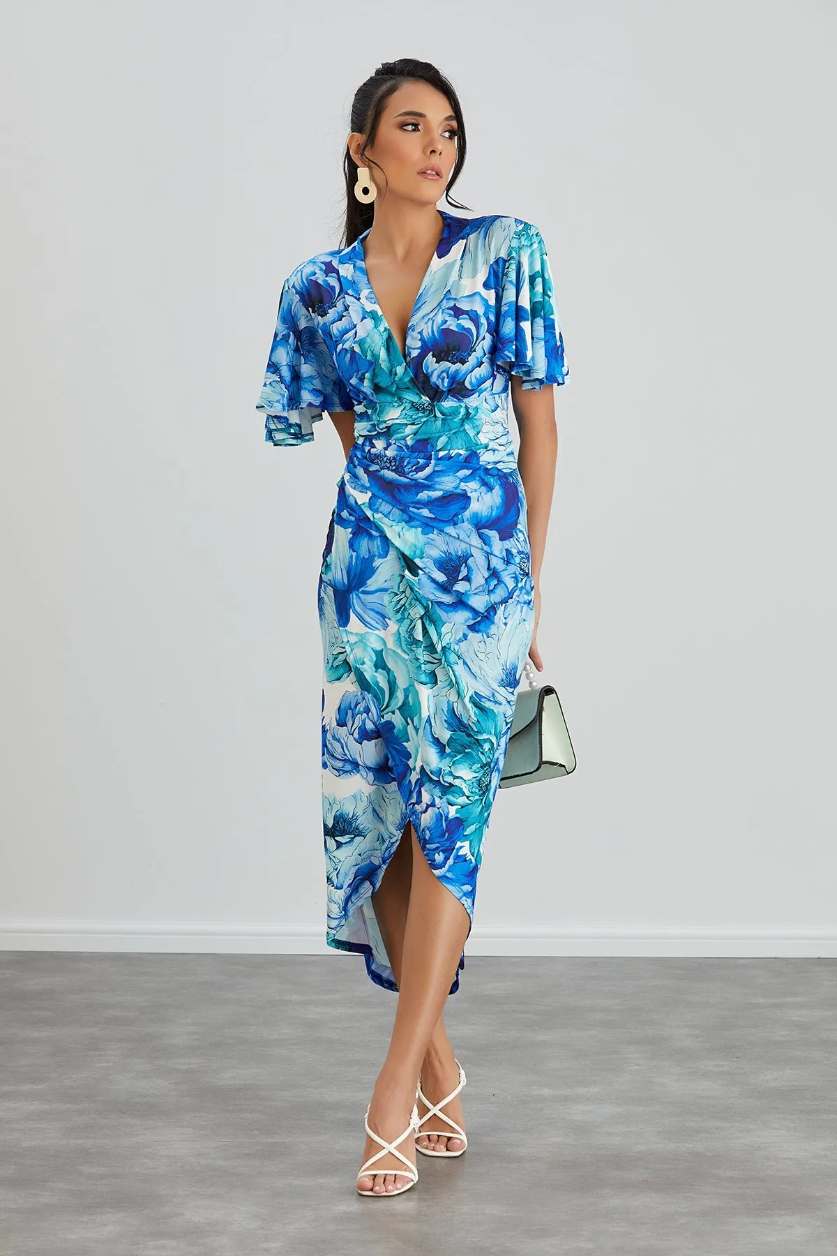 Ethereal Angel Sleeve Wrap Dress in Blue Floral Print