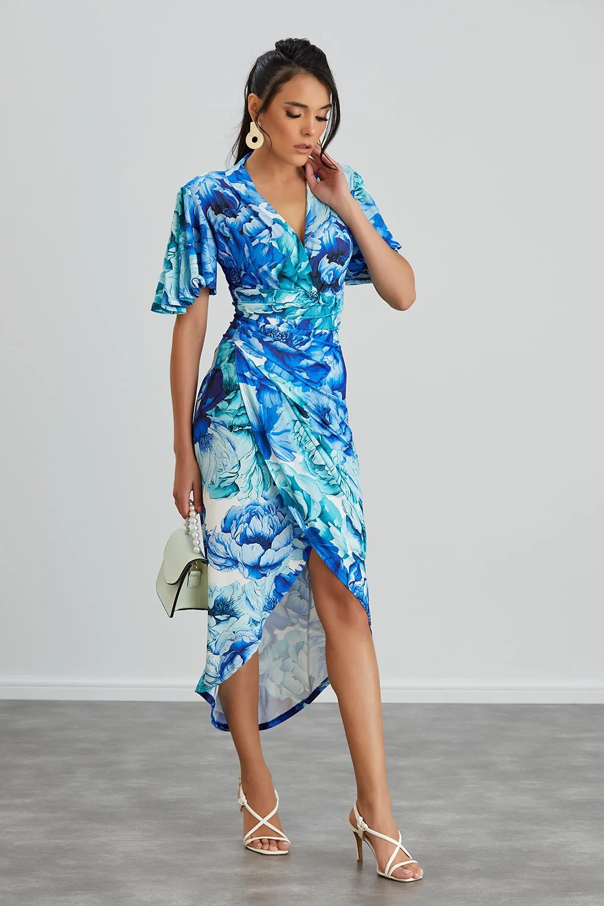 Ethereal Angel Sleeve Wrap Dress in Blue Floral Print