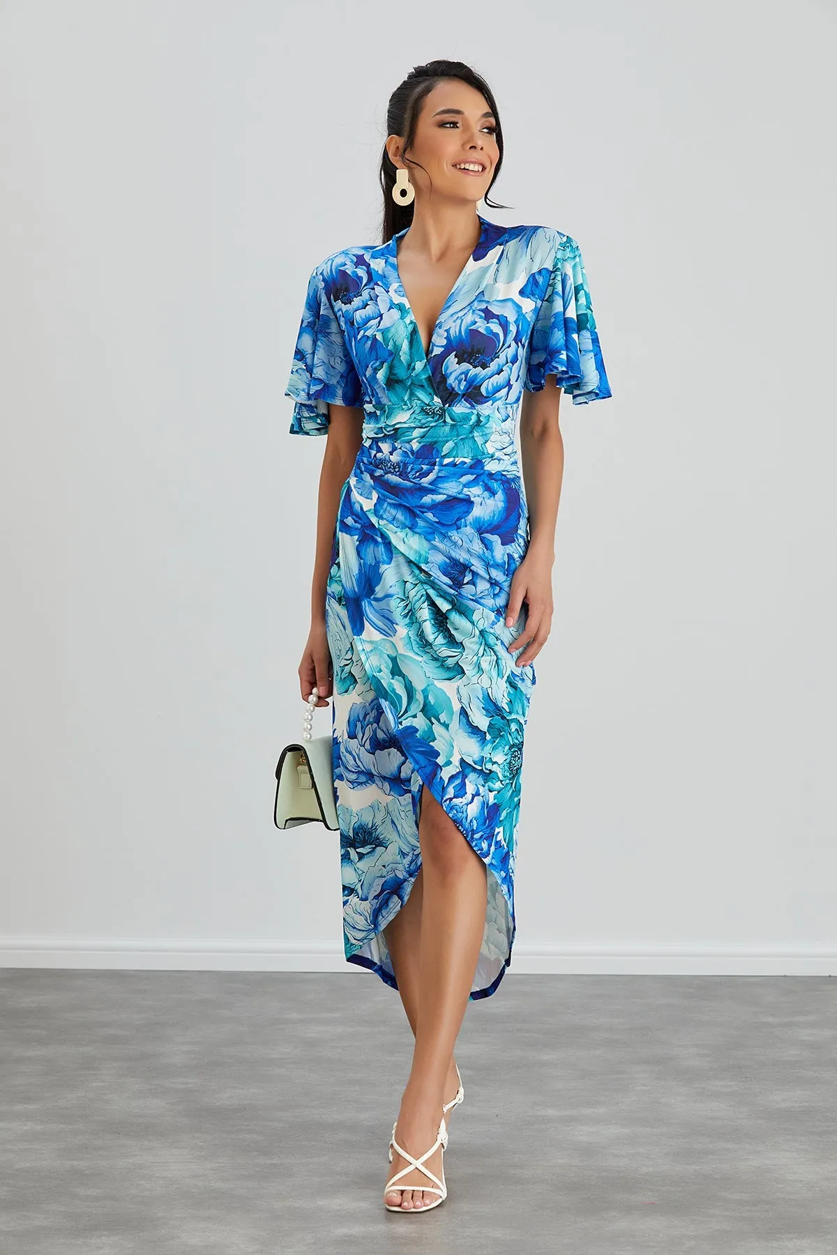 Ethereal Angel Sleeve Wrap Dress in Blue Floral Print