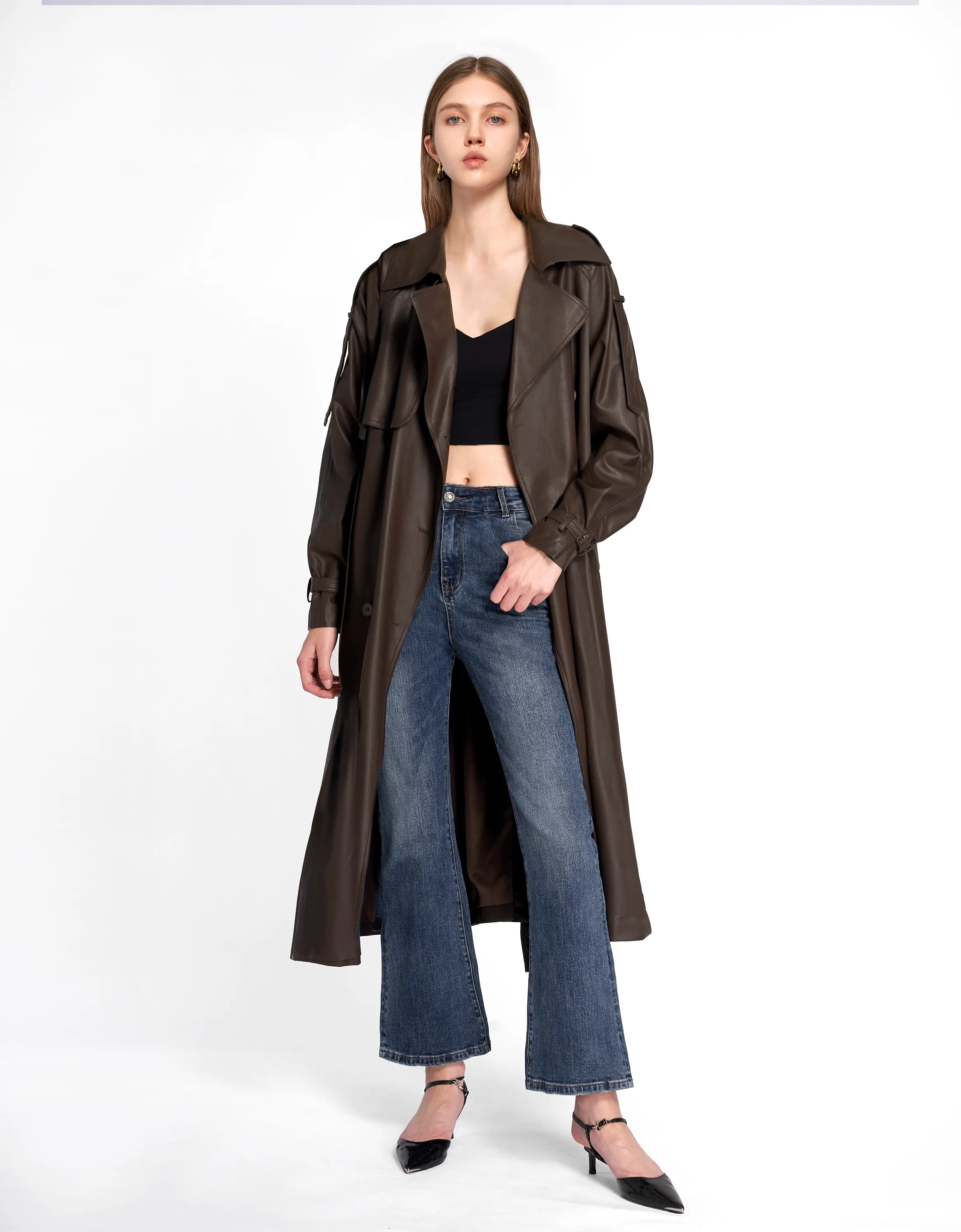 Faux Leather Double-breasted Trench Coat