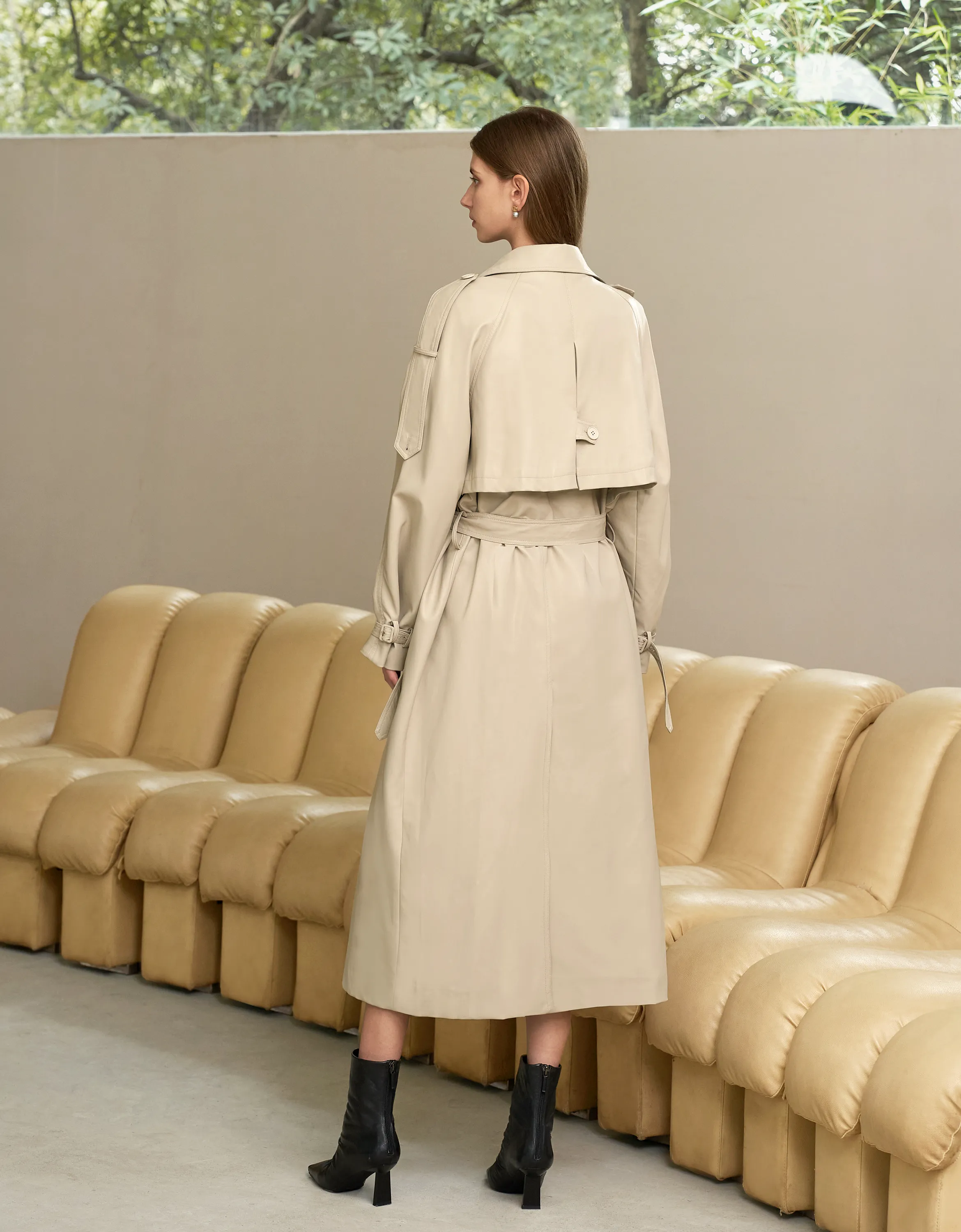 Faux Leather Double-breasted Trench Coat