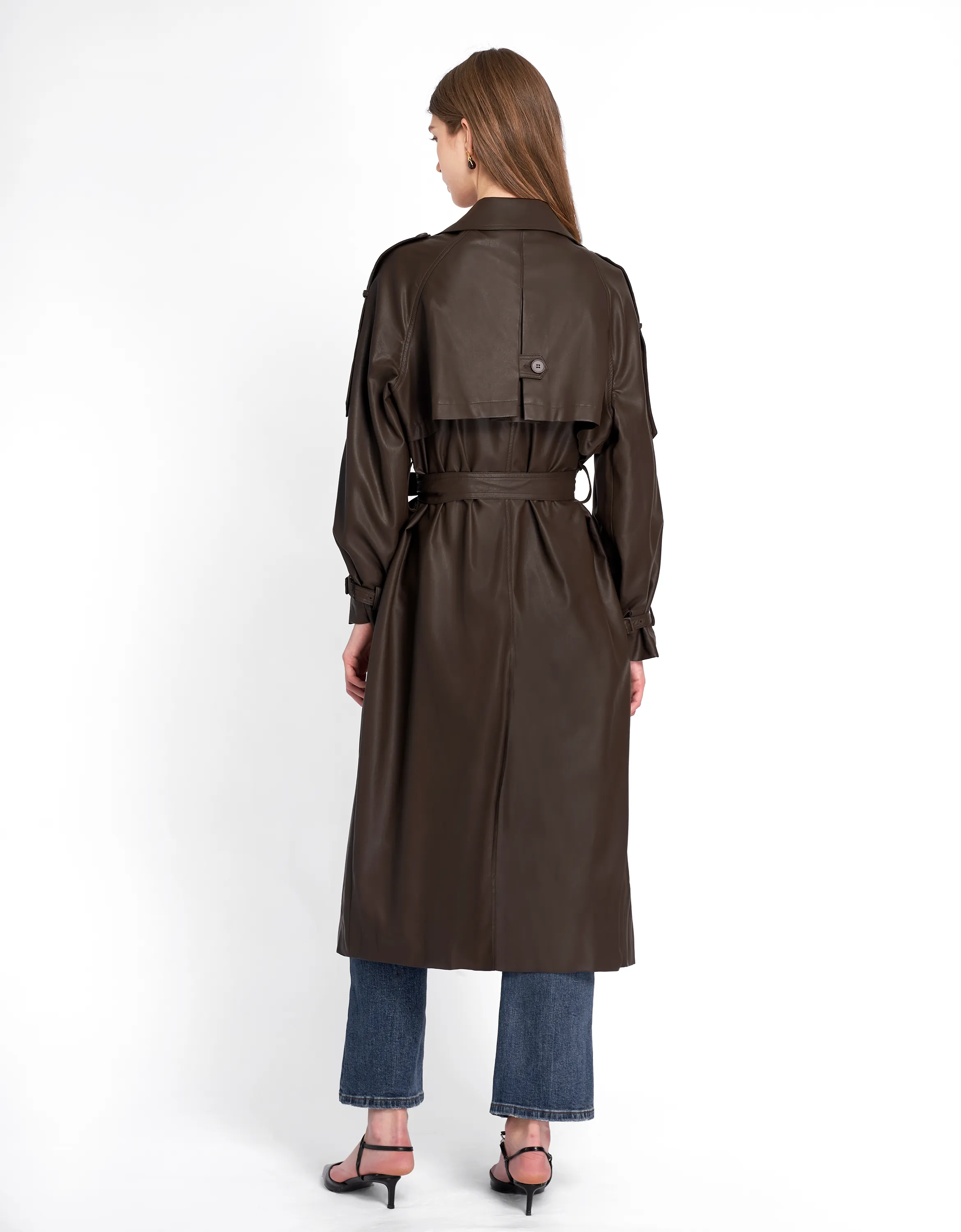 Faux Leather Double-breasted Trench Coat