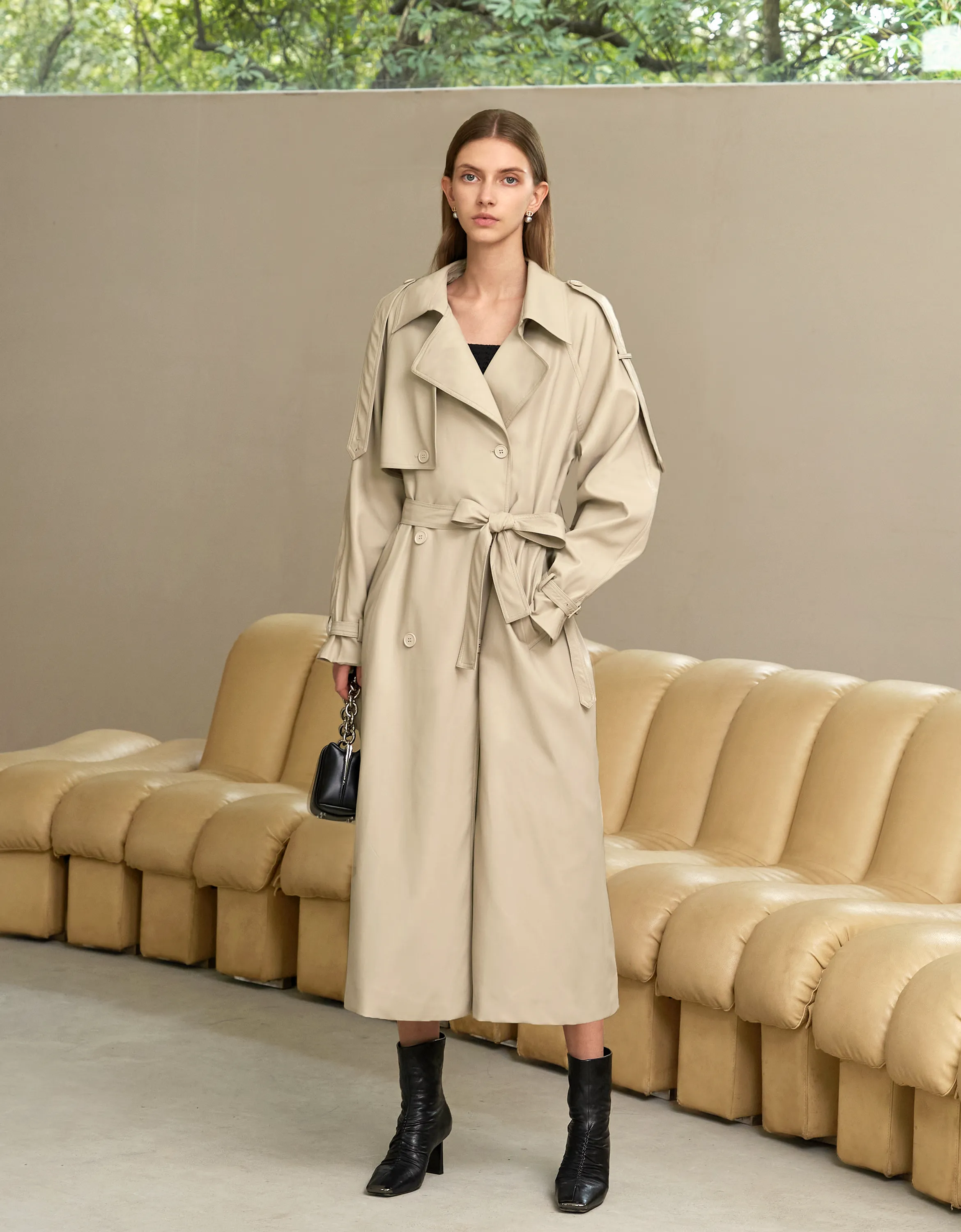 Faux Leather Double-breasted Trench Coat