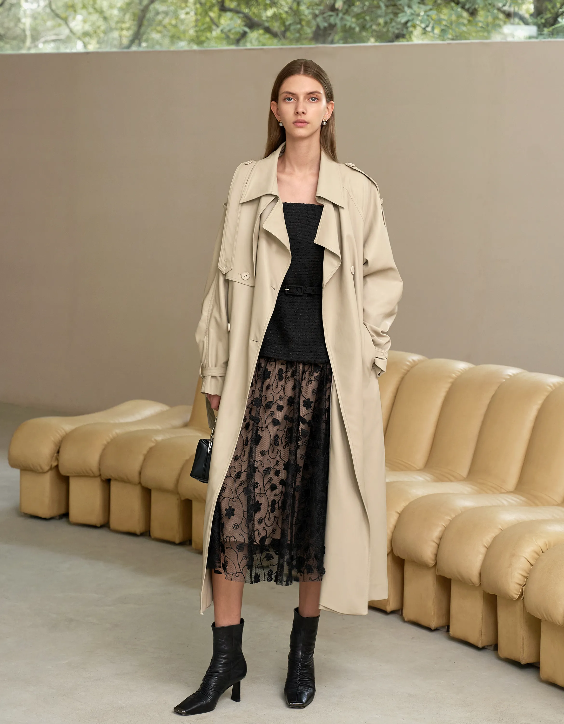 Faux Leather Double-breasted Trench Coat