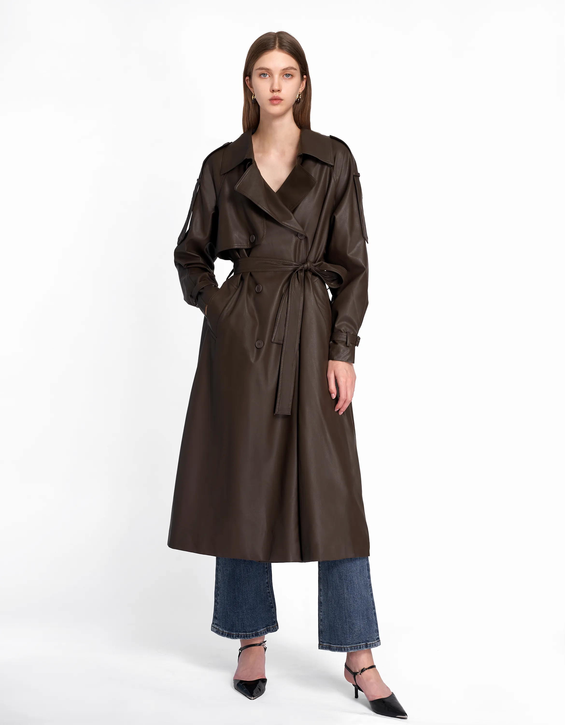 Faux Leather Double-breasted Trench Coat