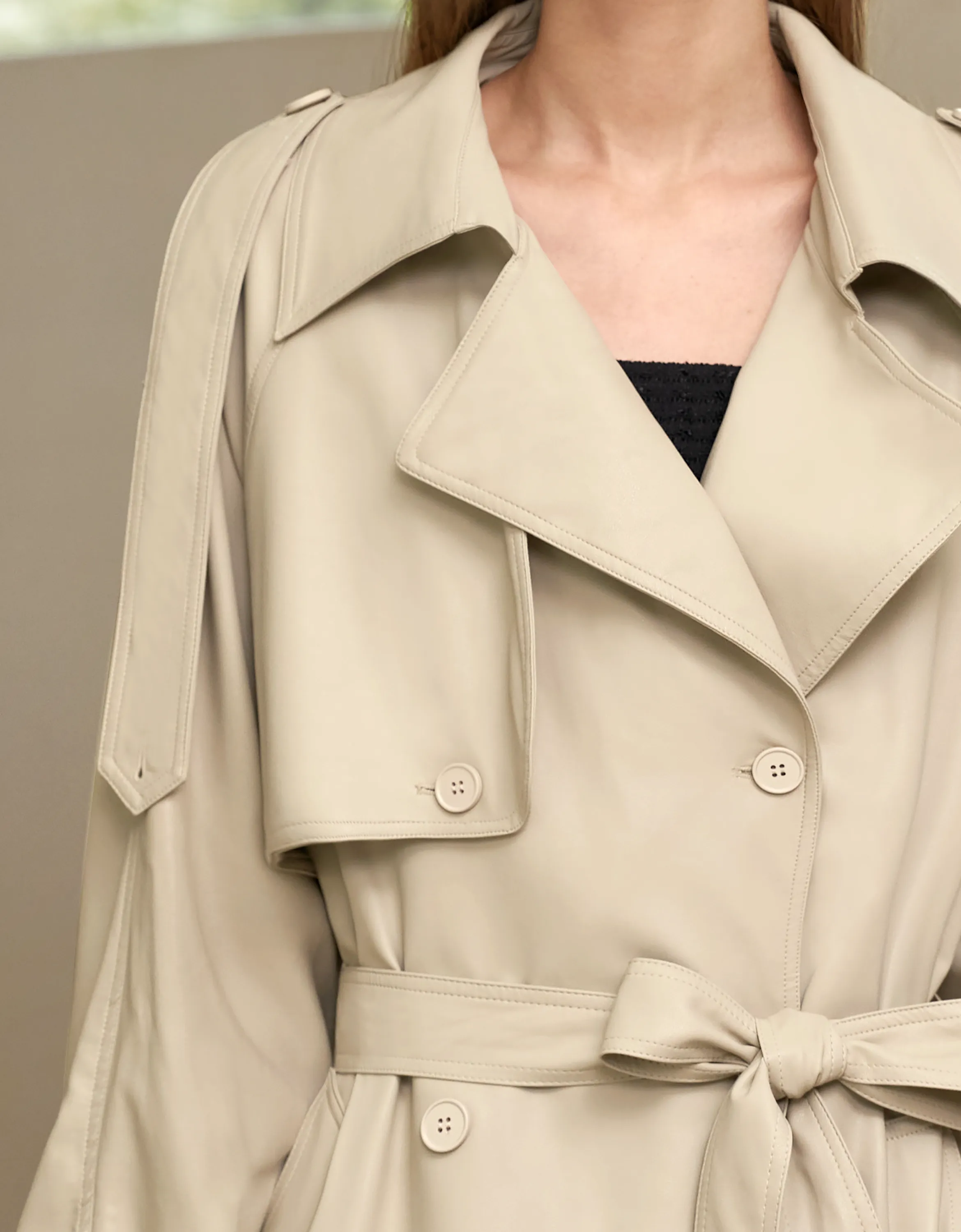 Faux Leather Double-breasted Trench Coat