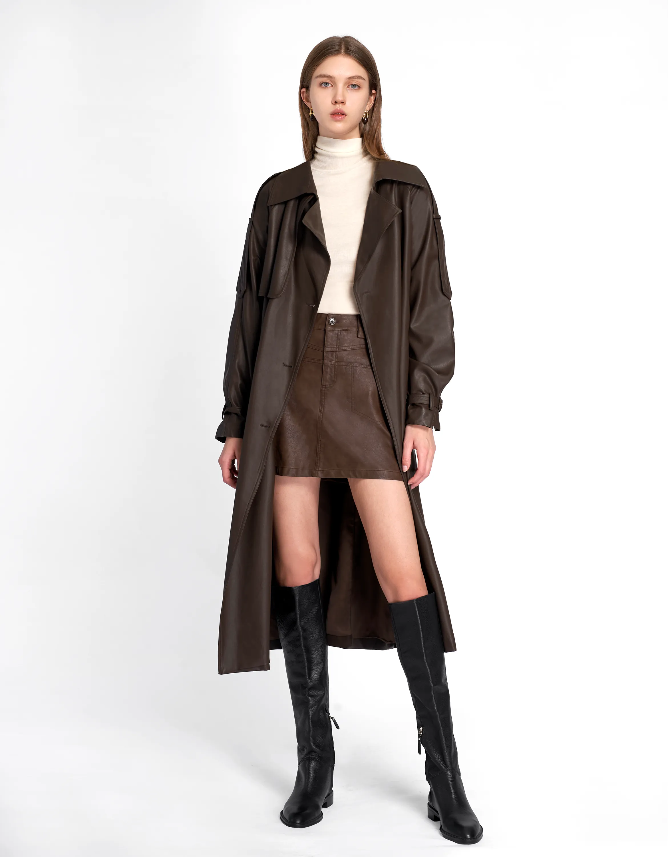 Faux Leather Double-breasted Trench Coat