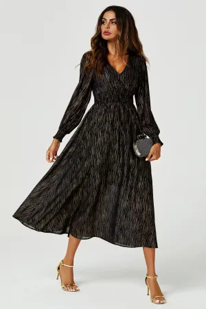 Gold Stripe Foil Long Sleeve Maxi Dress In Black