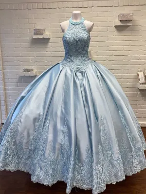 Halter Satin Quinceanera Dresses Ball Gown Appliqued Gowns QD013
