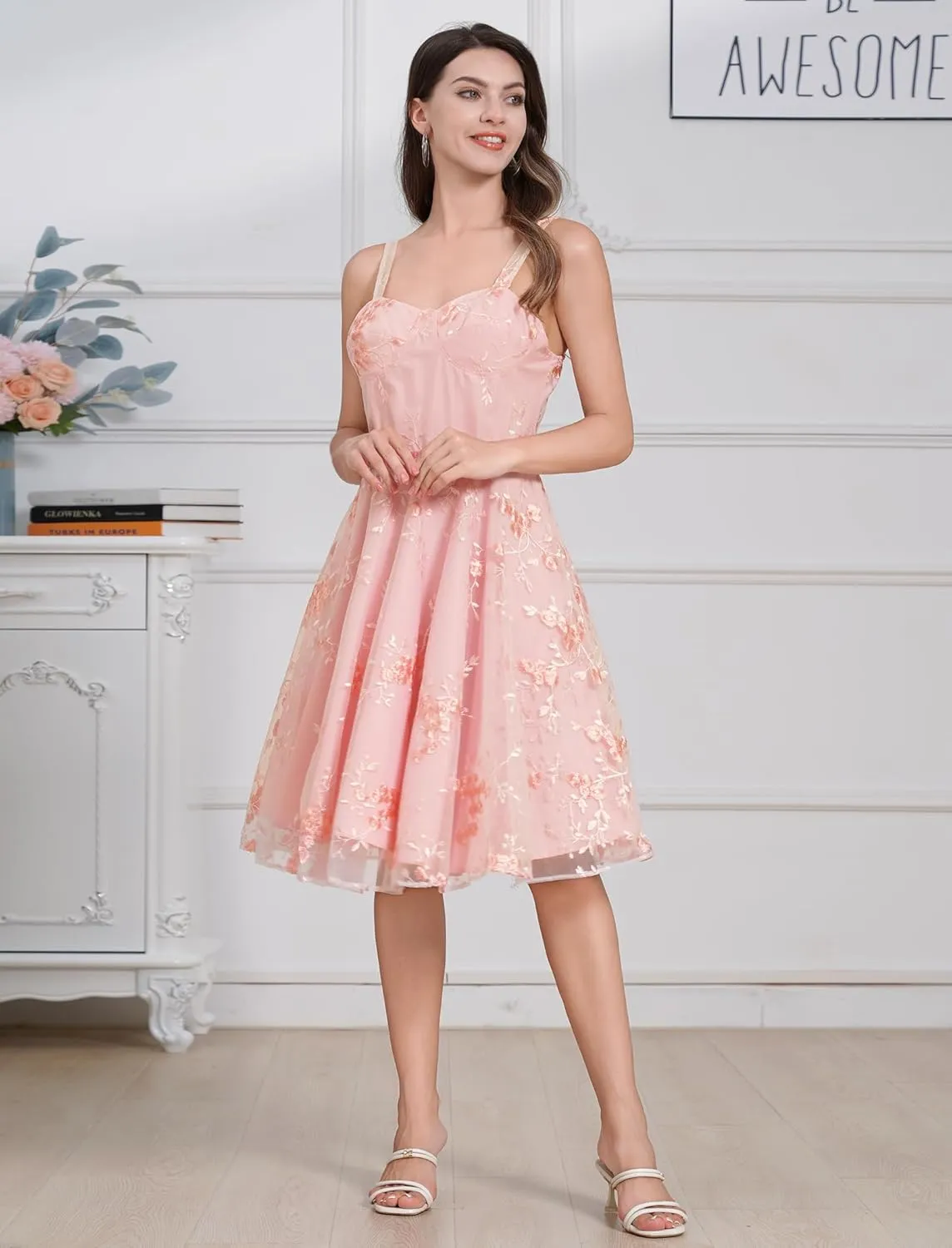 IWEMEK Women Spaghetti Strap Floral Lace Bridesmaid Cocktail Party Dress Cold Shoulder Ruffle Sleeve Wedding Guest Prom Dress