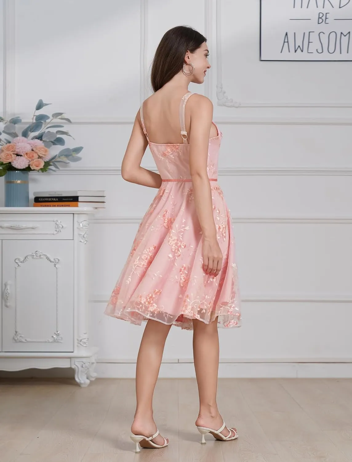 IWEMEK Women Spaghetti Strap Floral Lace Bridesmaid Cocktail Party Dress Cold Shoulder Ruffle Sleeve Wedding Guest Prom Dress