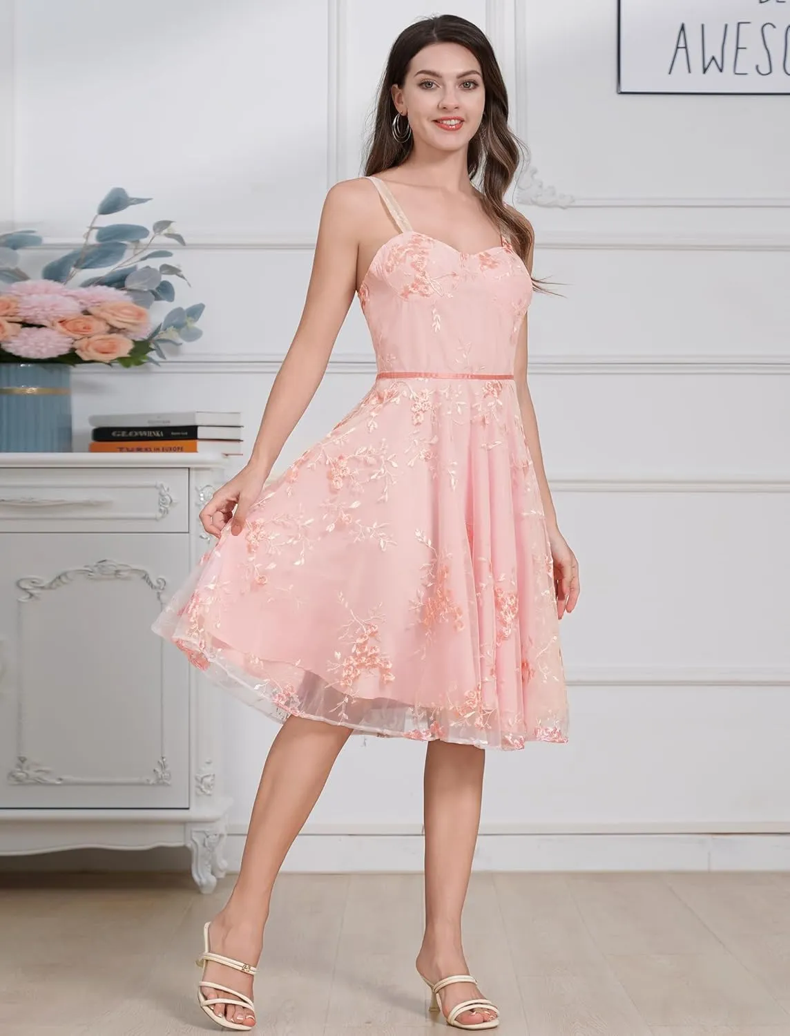 IWEMEK Women Spaghetti Strap Floral Lace Bridesmaid Cocktail Party Dress Cold Shoulder Ruffle Sleeve Wedding Guest Prom Dress