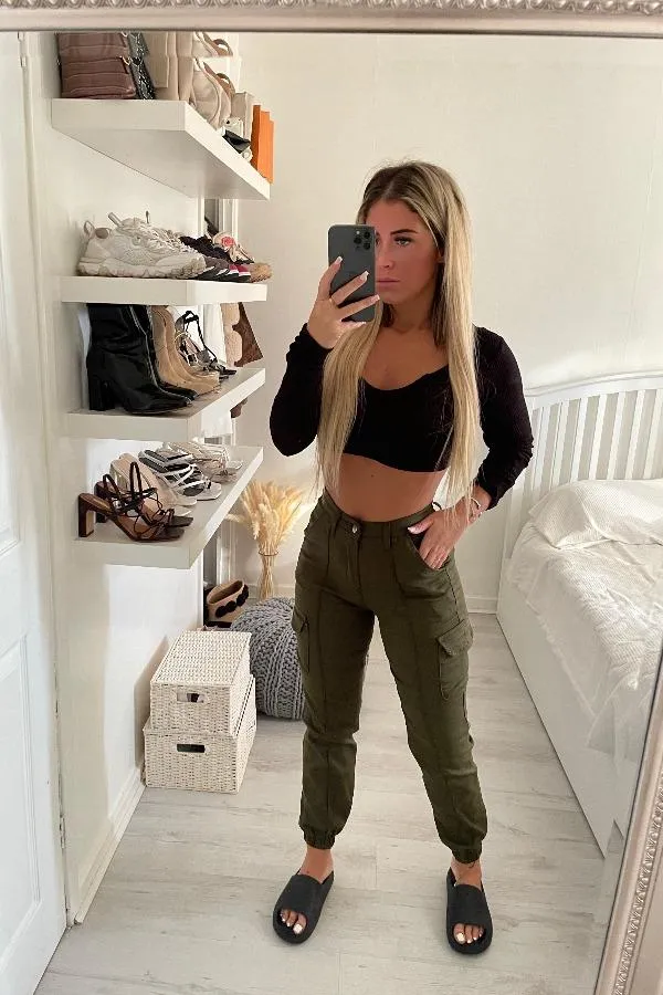 KHAKI HIGH WAISTED POCKET COMBAT TROUSERS