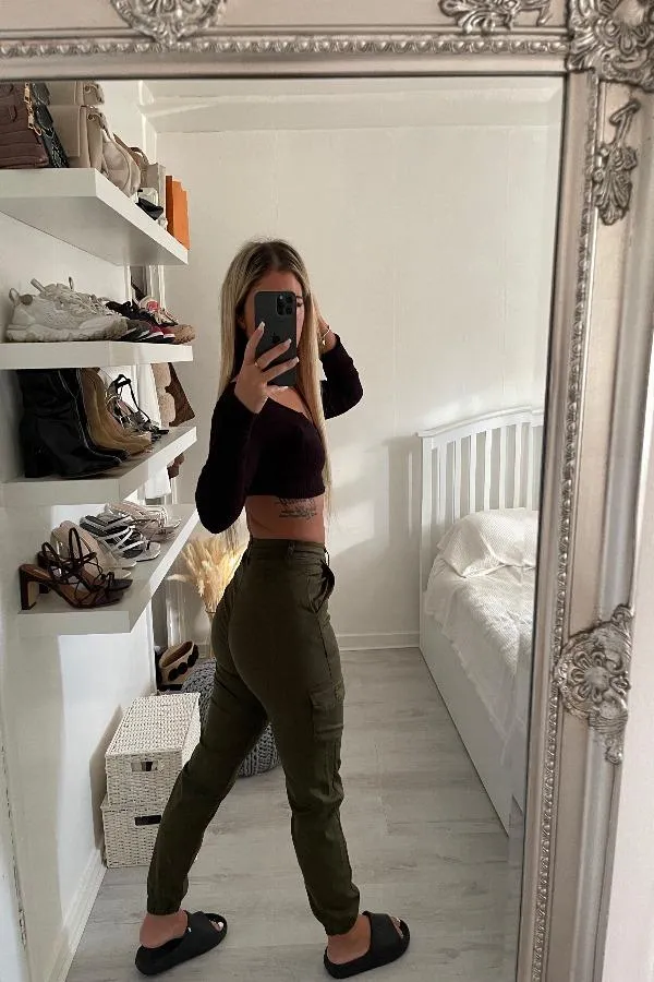 KHAKI HIGH WAISTED POCKET COMBAT TROUSERS