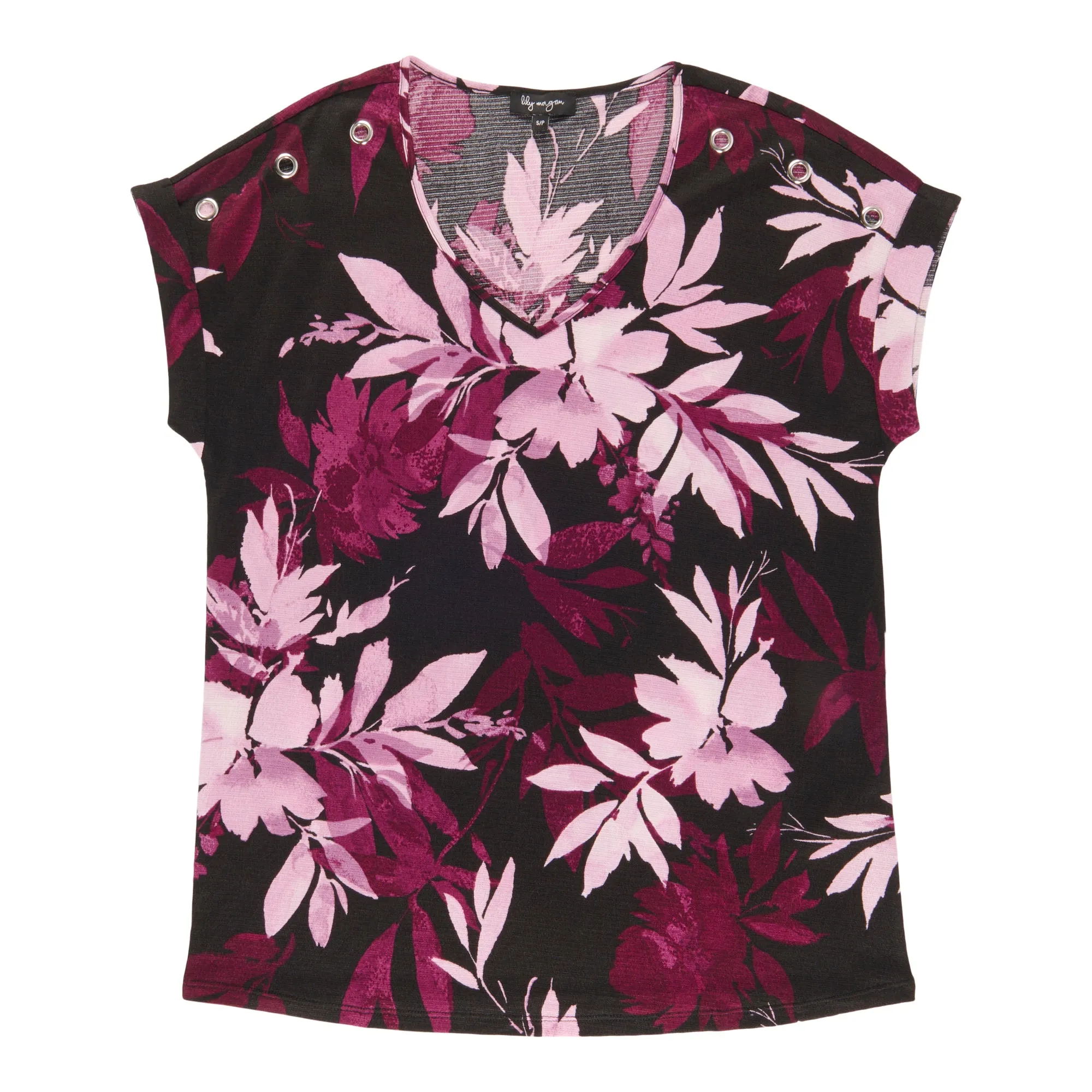 lily morgan Women's Printed V-Neck Grommet Detail Blouse