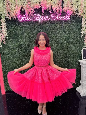 Marc Defang Kids 5111 Size 14 Barbie Pink Short Sequin Tulle Pleated Ruffle Cocktail Dress Pageant layered