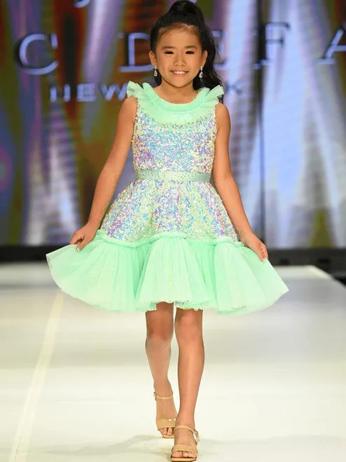 Marc Defang Kids 5111 Size 14 Barbie Pink Short Sequin Tulle Pleated Ruffle Cocktail Dress Pageant layered