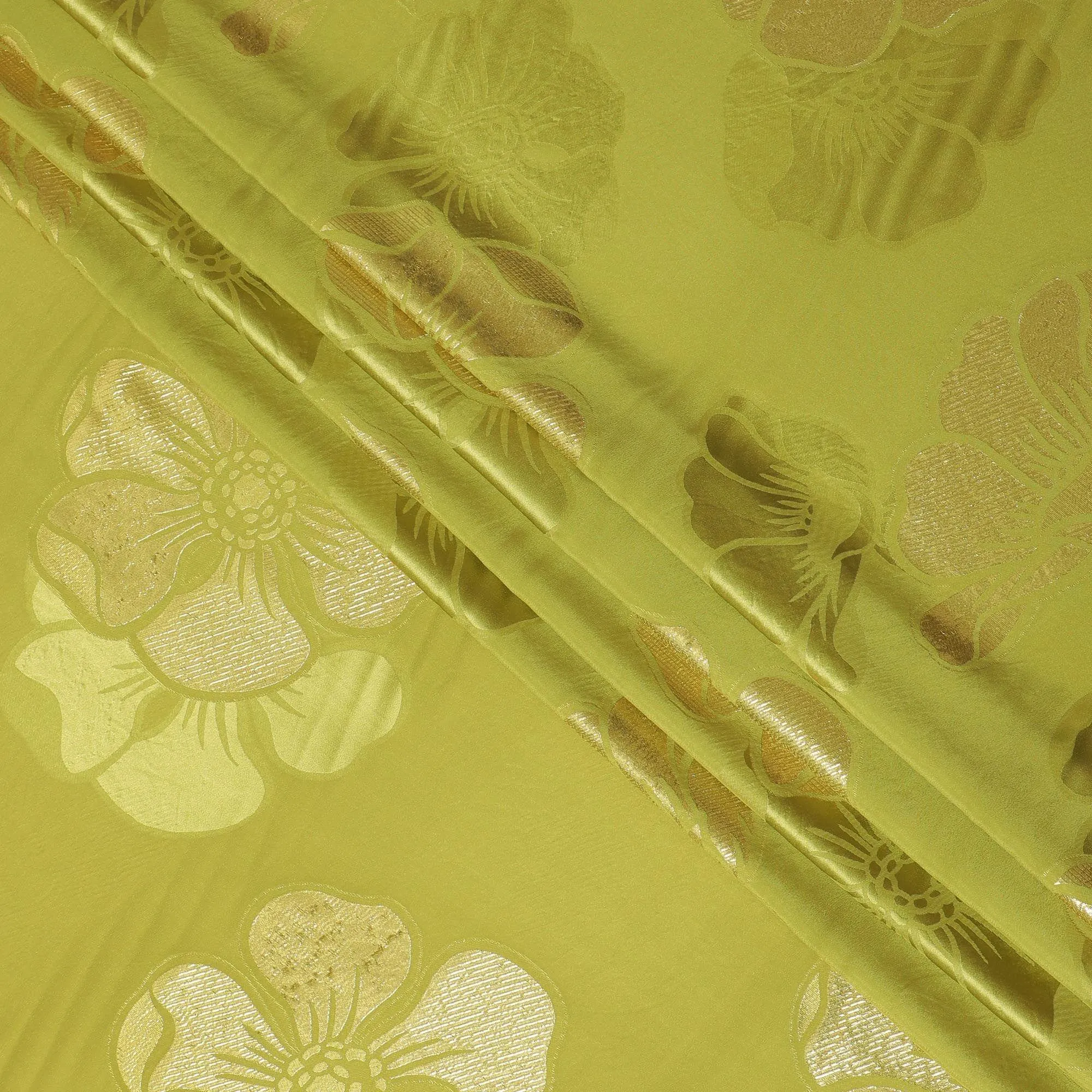 Mehindi green Premium pure silk crepe fabric with same tone jacquard and gold metallic lurex in floral design-D14630