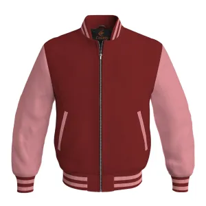 Mens Letterman Jacket Maroon Body and Pink Leather Sleeves Bomber Jacket