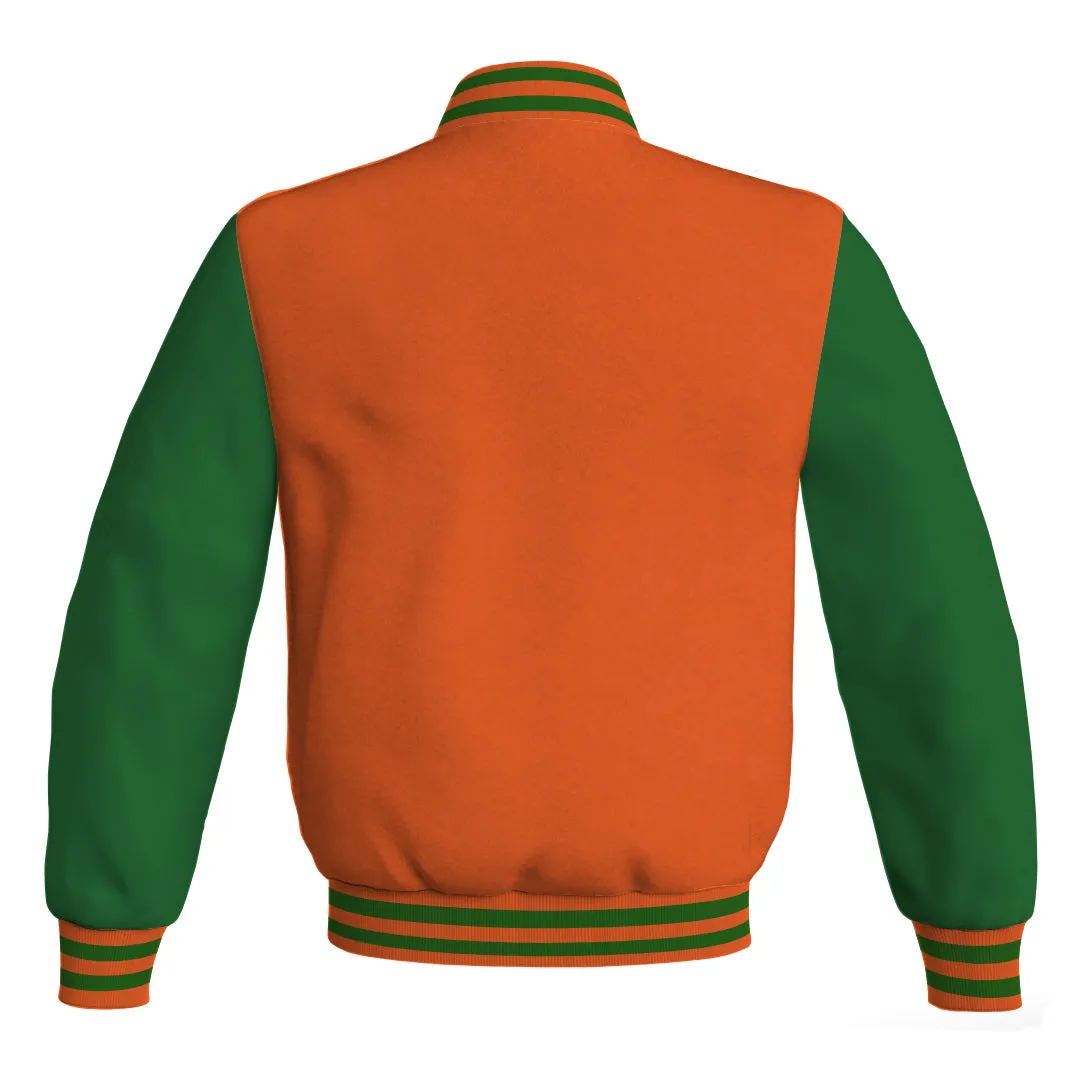 Personalized Varsity Jacket Orange Body and Green Leather Sleeves Bomber Jacket