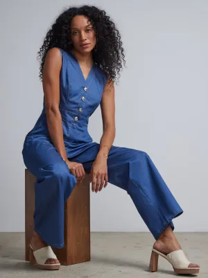 Petite V-Neck Button-Front Jumpsuit
