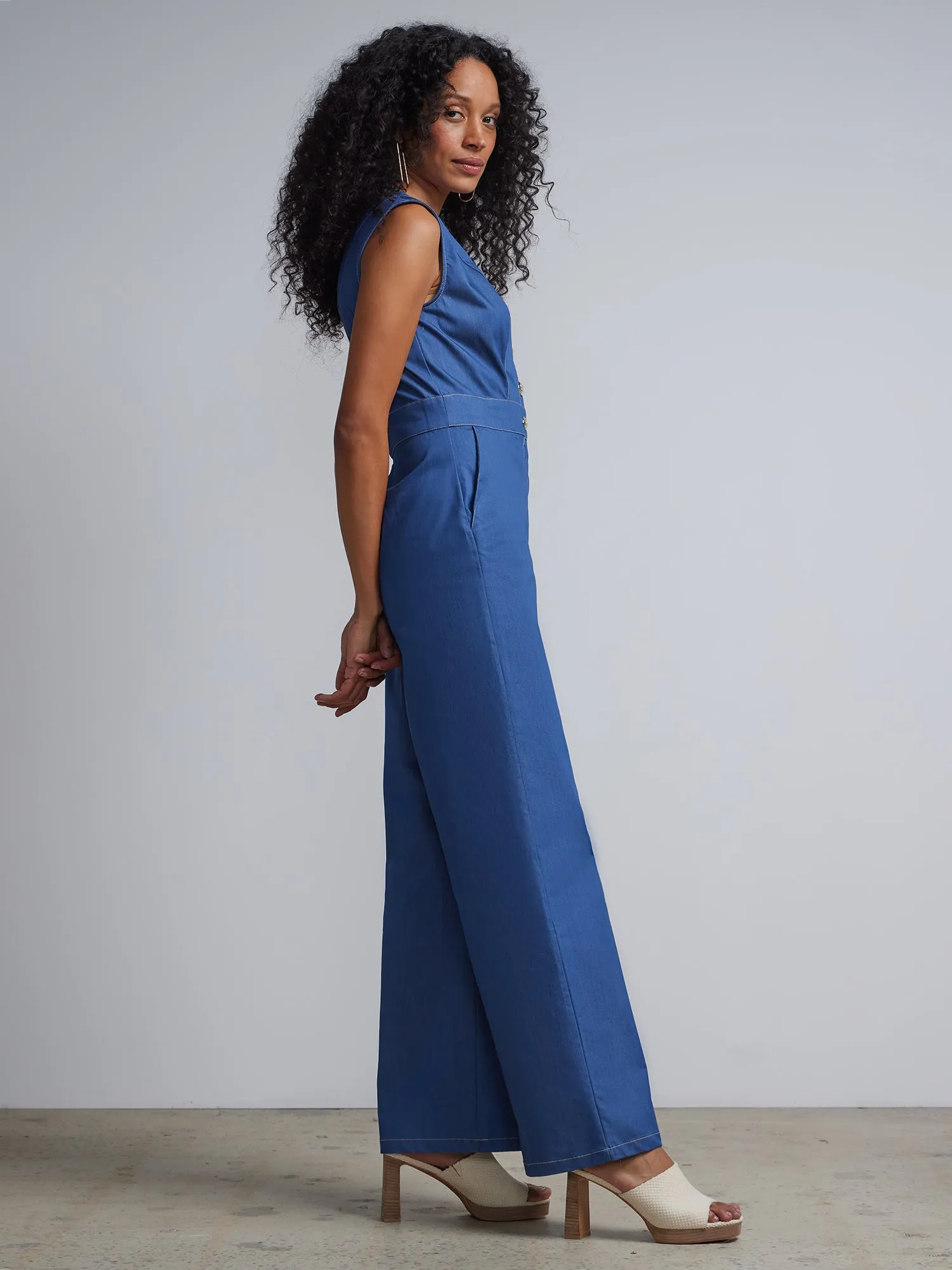 Petite V-Neck Button-Front Jumpsuit