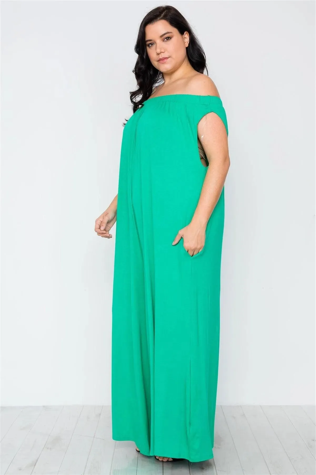 Plus Size Kelly Green Basic Off-The-Shoulder Jumpsuit