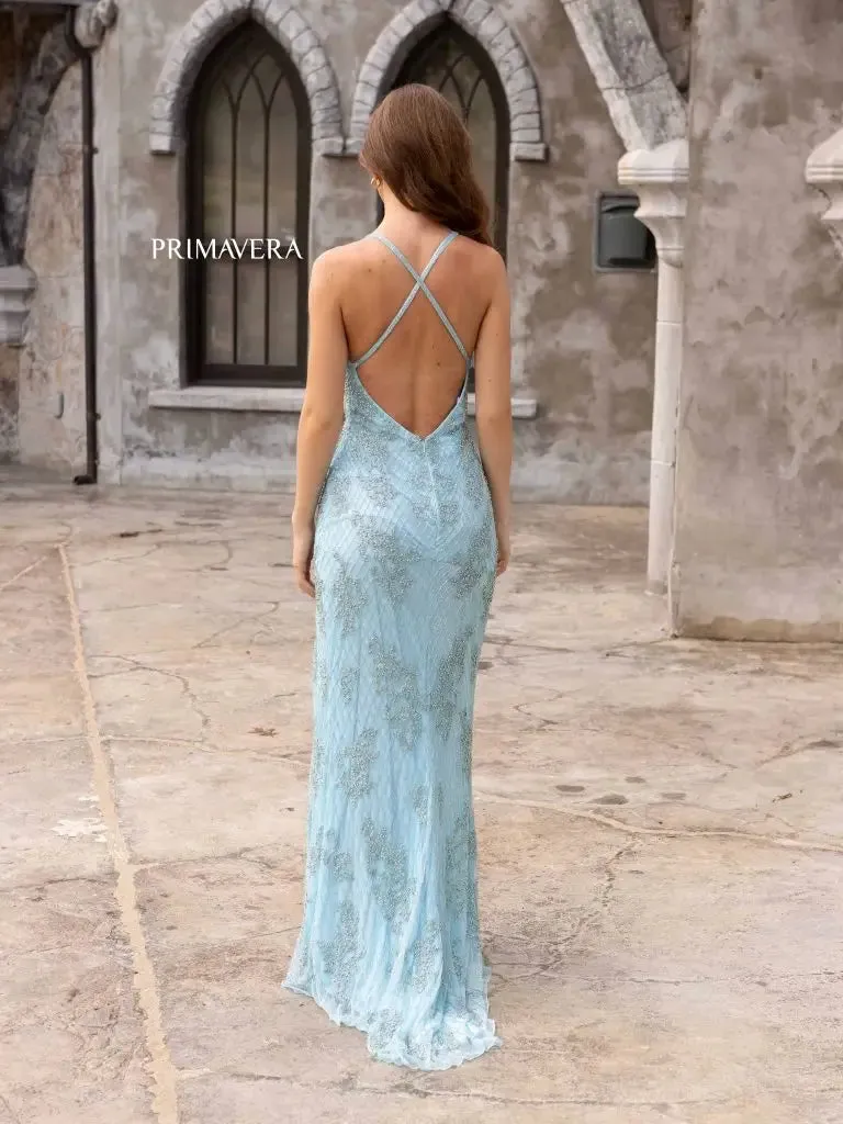 Primavera Couture 3907 Long Beaded Lace Backless Prom Dress V neck formal Evening Gown