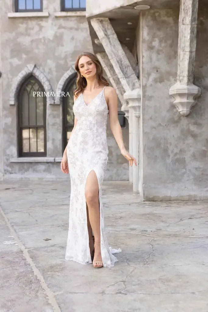 Primavera Couture 3907 Long Beaded Lace Backless Prom Dress V neck formal Evening Gown