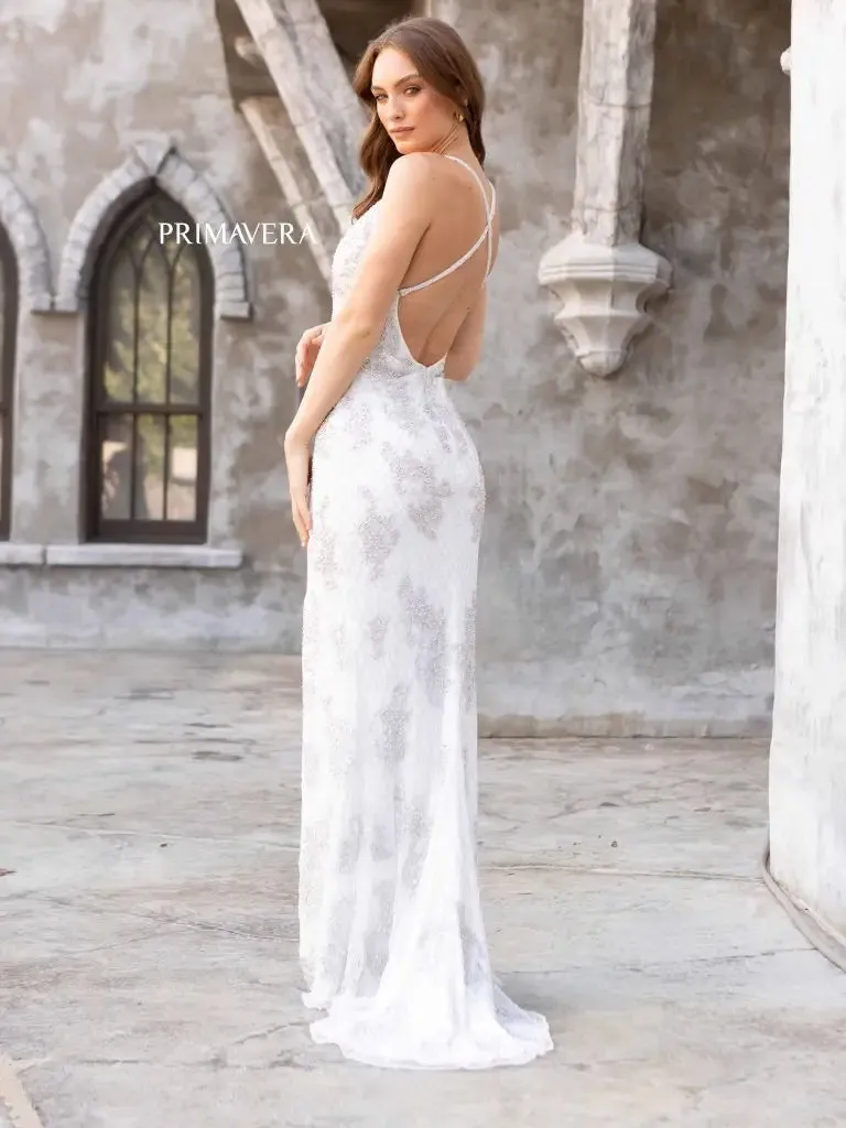 Primavera Couture 3907 Long Beaded Lace Backless Prom Dress V neck formal Evening Gown