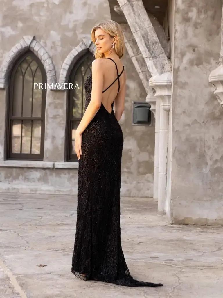 Primavera Couture 3907 Long Beaded Lace Backless Prom Dress V neck formal Evening Gown