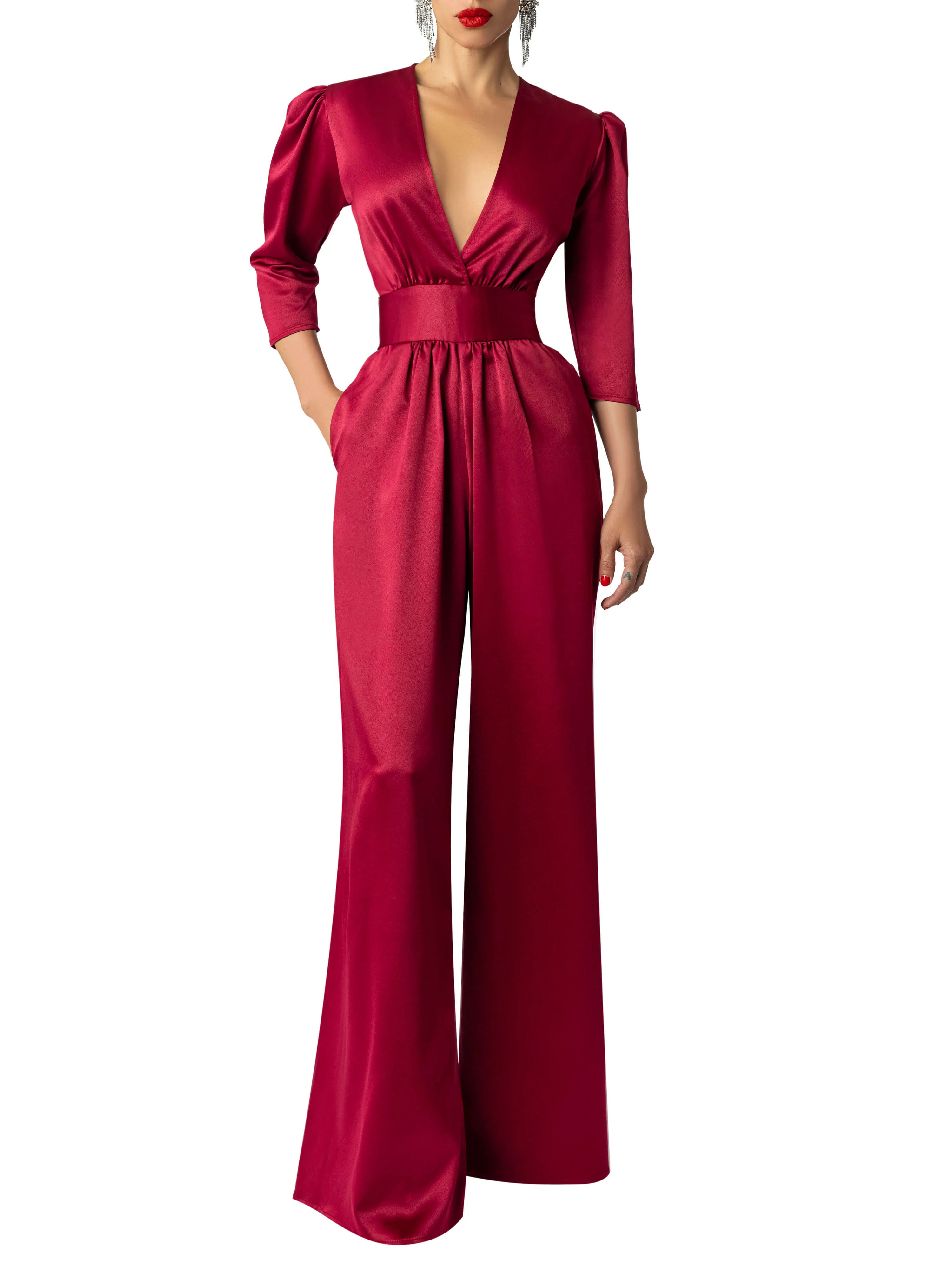 "Jocelyn" Burgundy V-Neck Jumpsuit